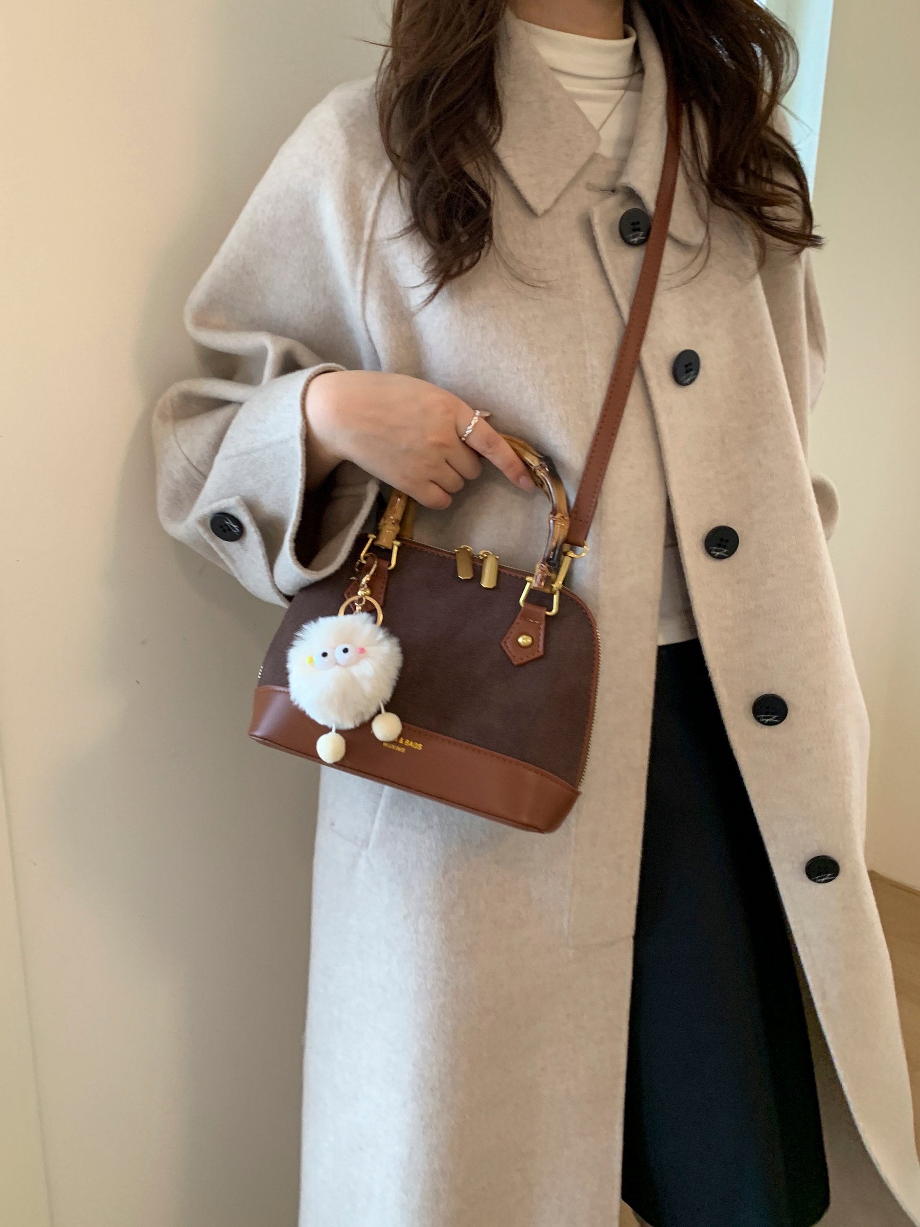Coffee Brown Crossbody Bag with Bamboo Handle