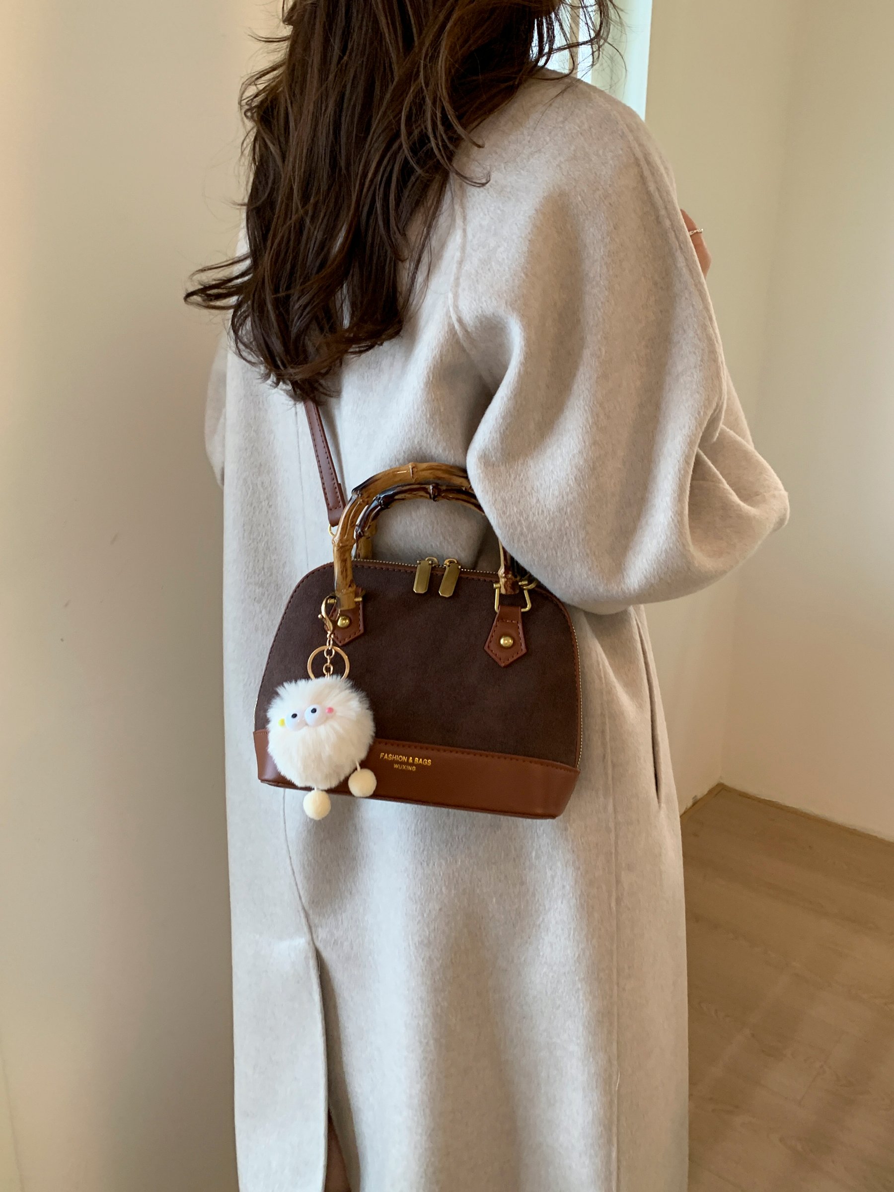 Coffee Brown Crossbody Bag with Bamboo Handle