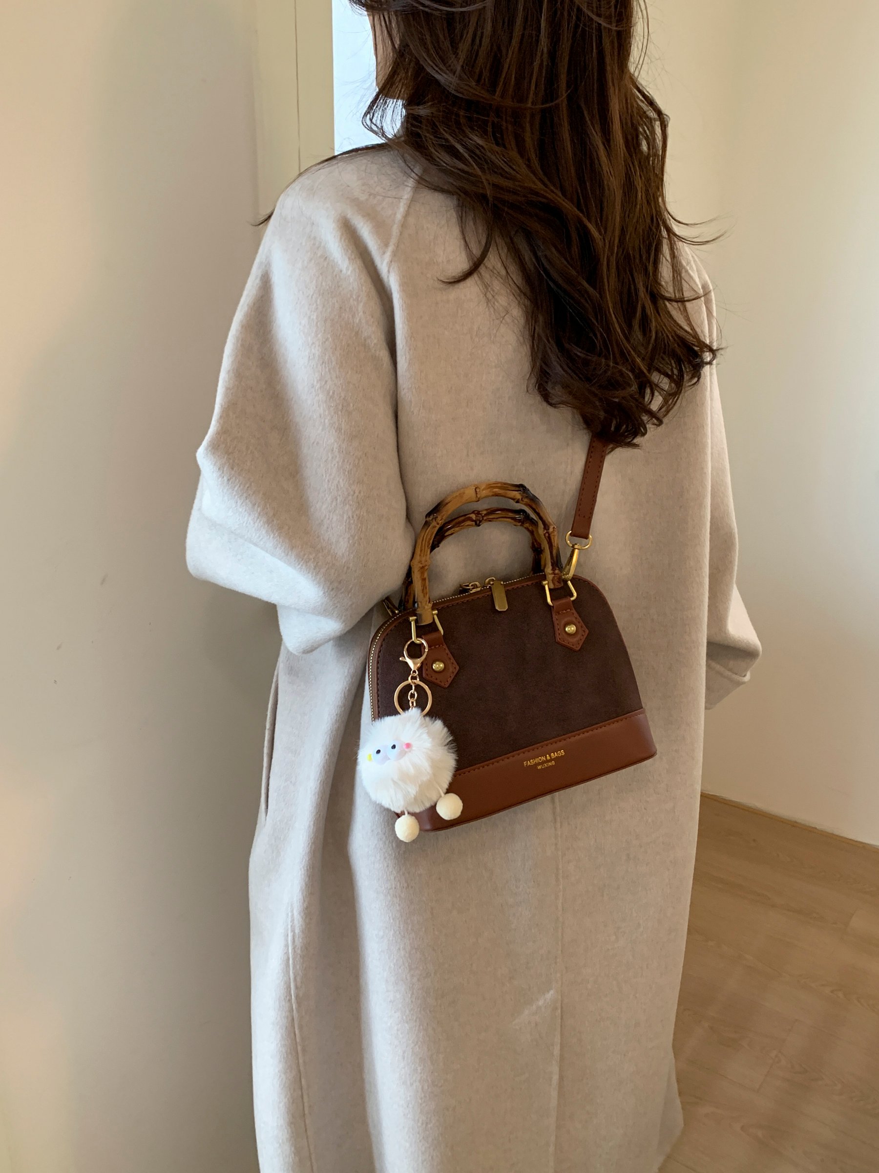 Coffee Brown Crossbody Bag with Bamboo Handle