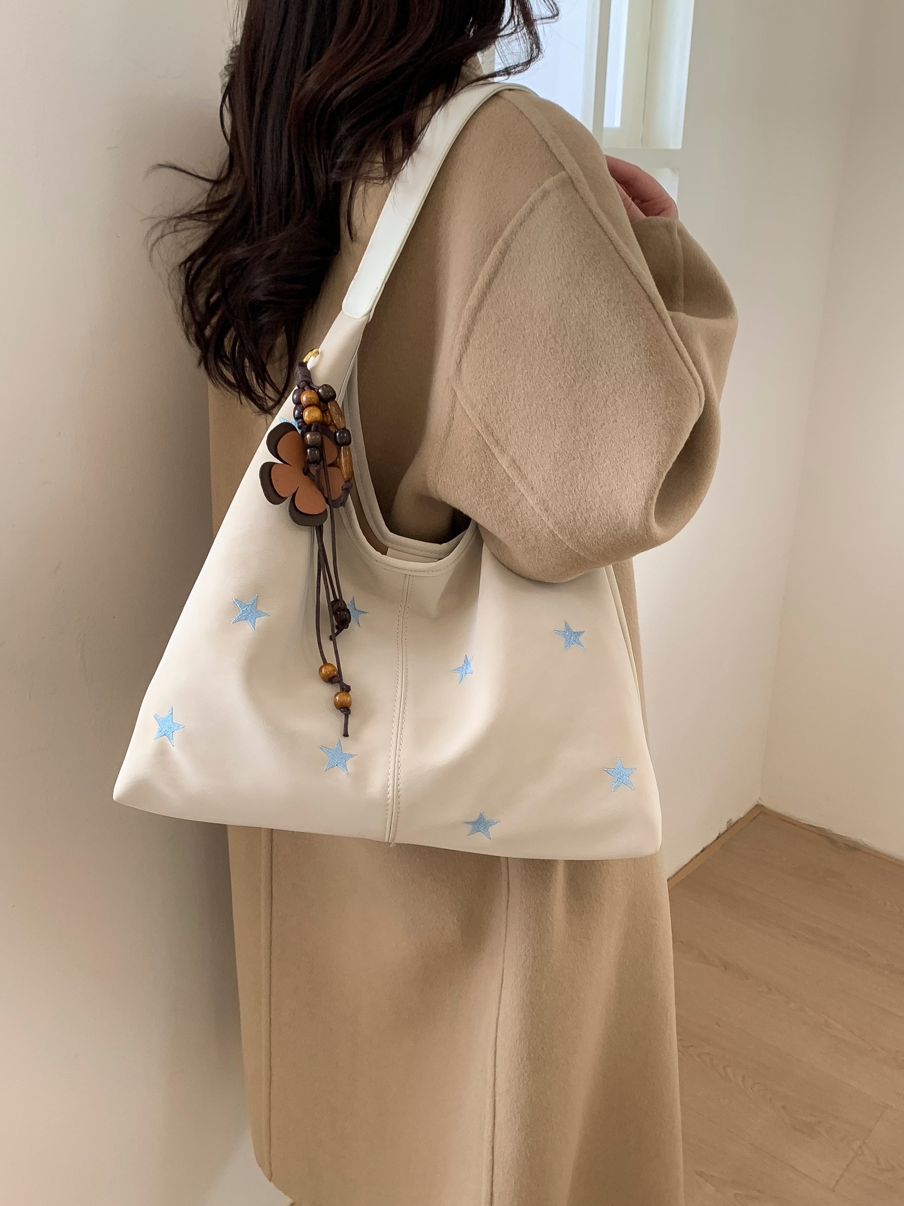 Beige Star Embroidered Hobo Shoulder Bag