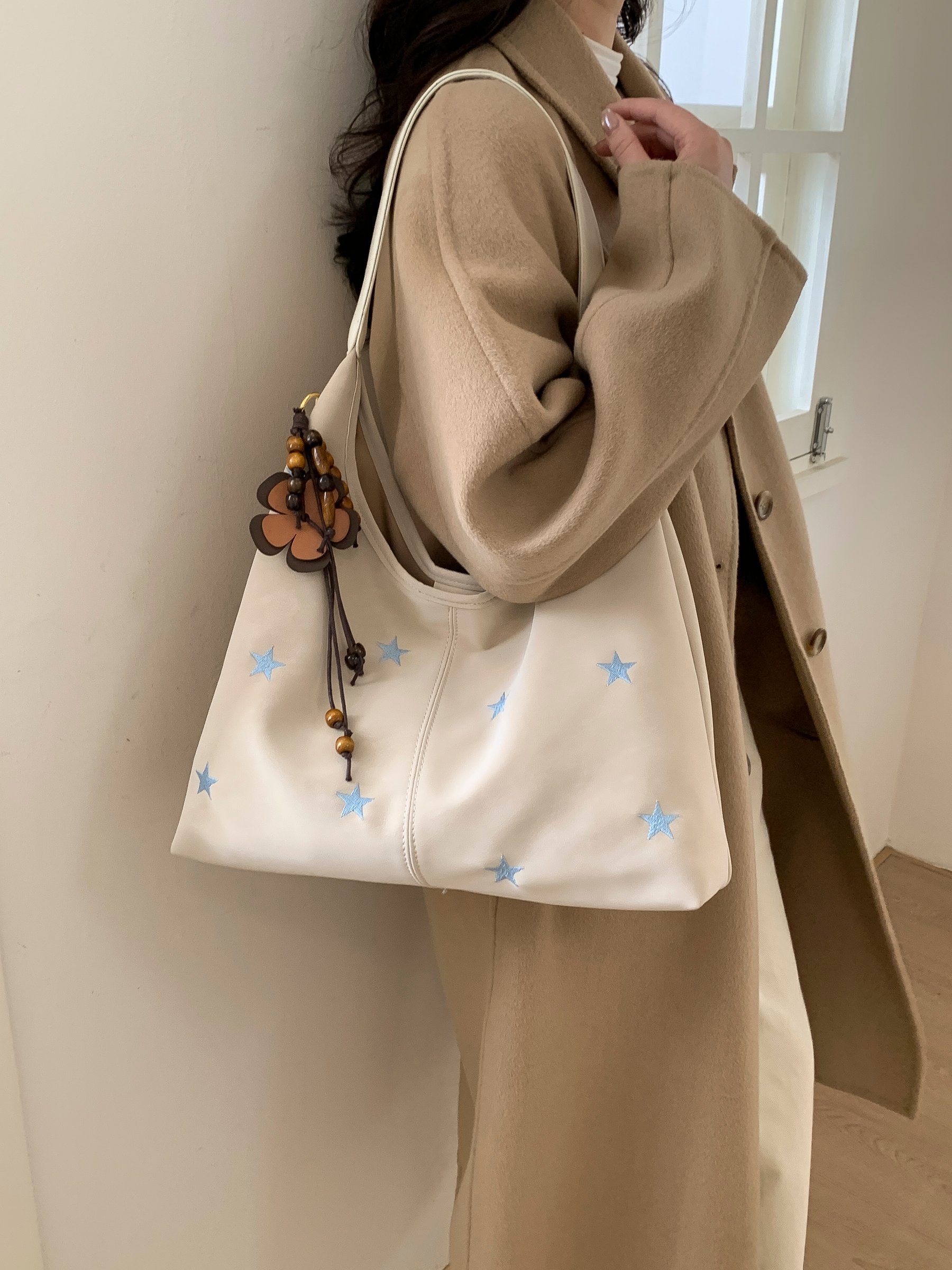 Beige Star Embroidered Hobo Shoulder Bag