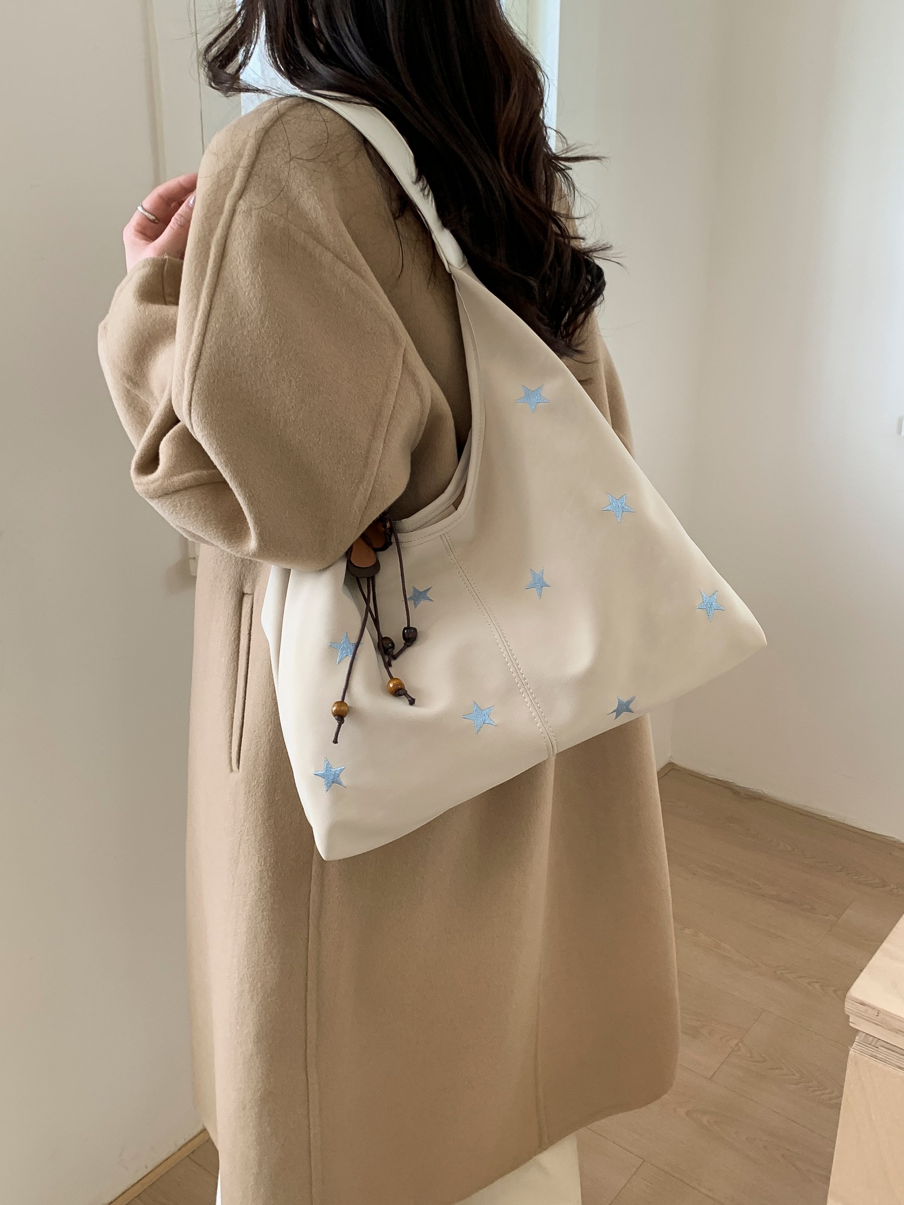 Beige Star Embroidered Hobo Shoulder Bag