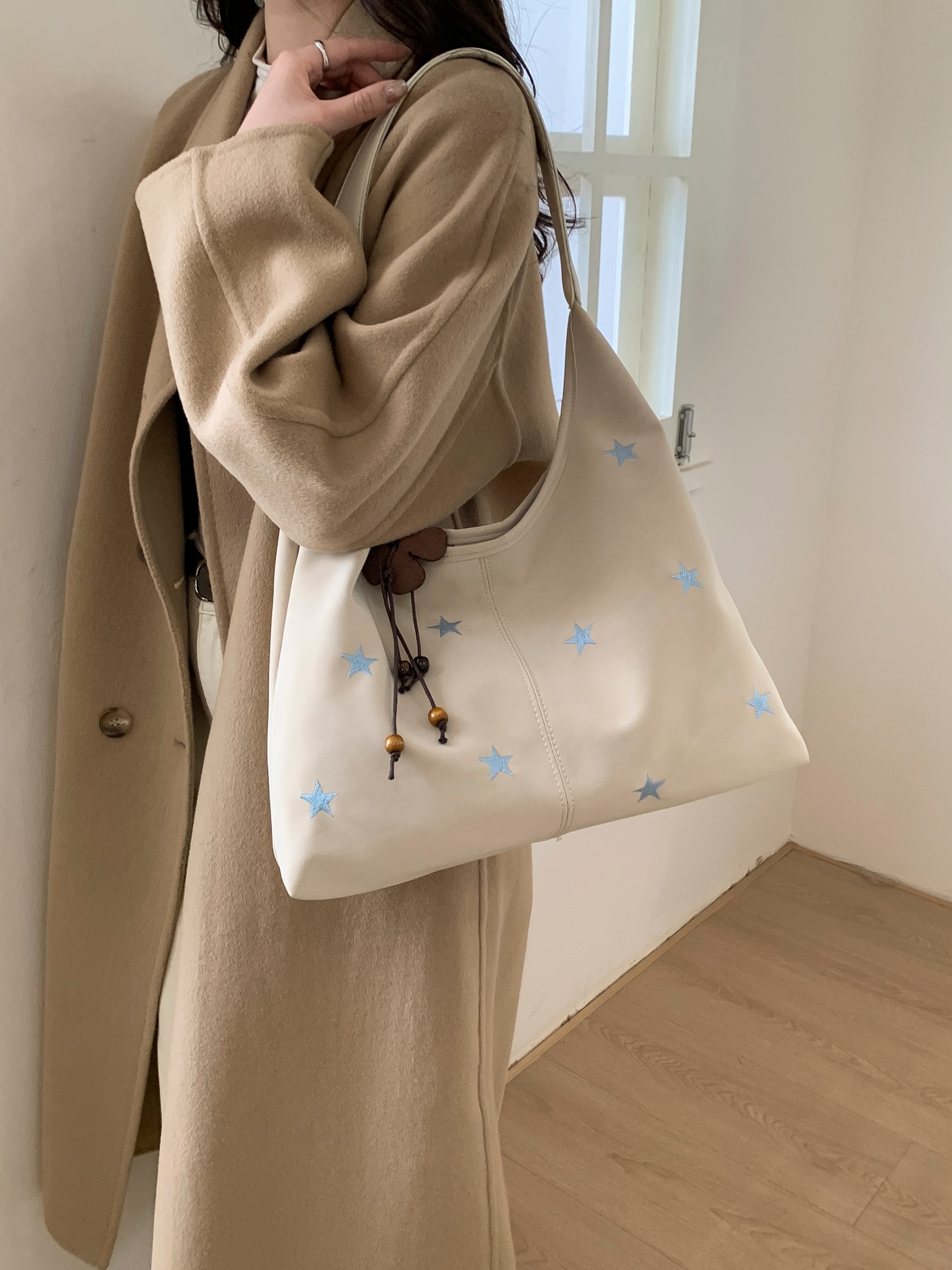 Beige Star Embroidered Hobo Shoulder Bag