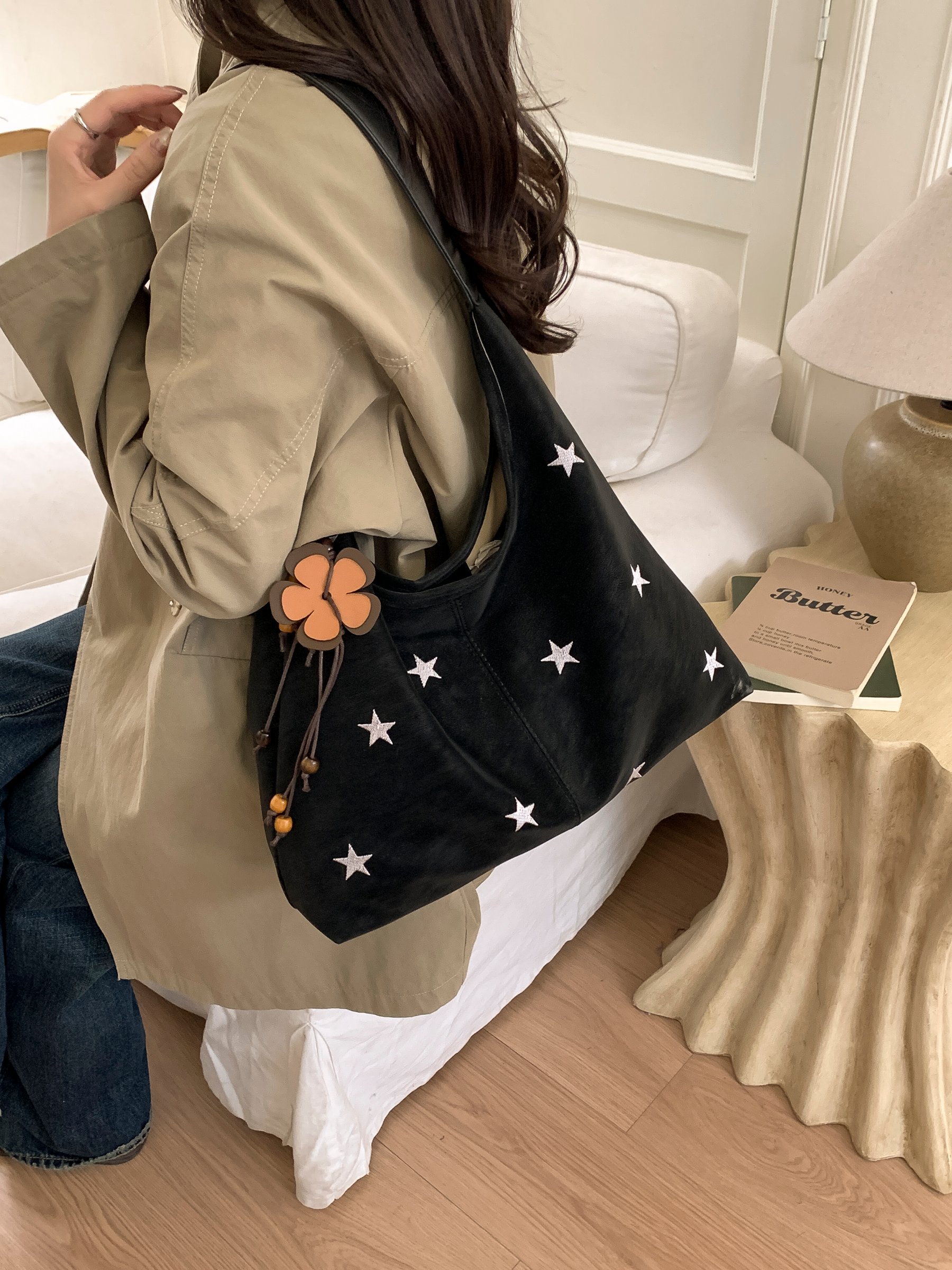 Black Star Embroidered Shoulder Bag with Charm