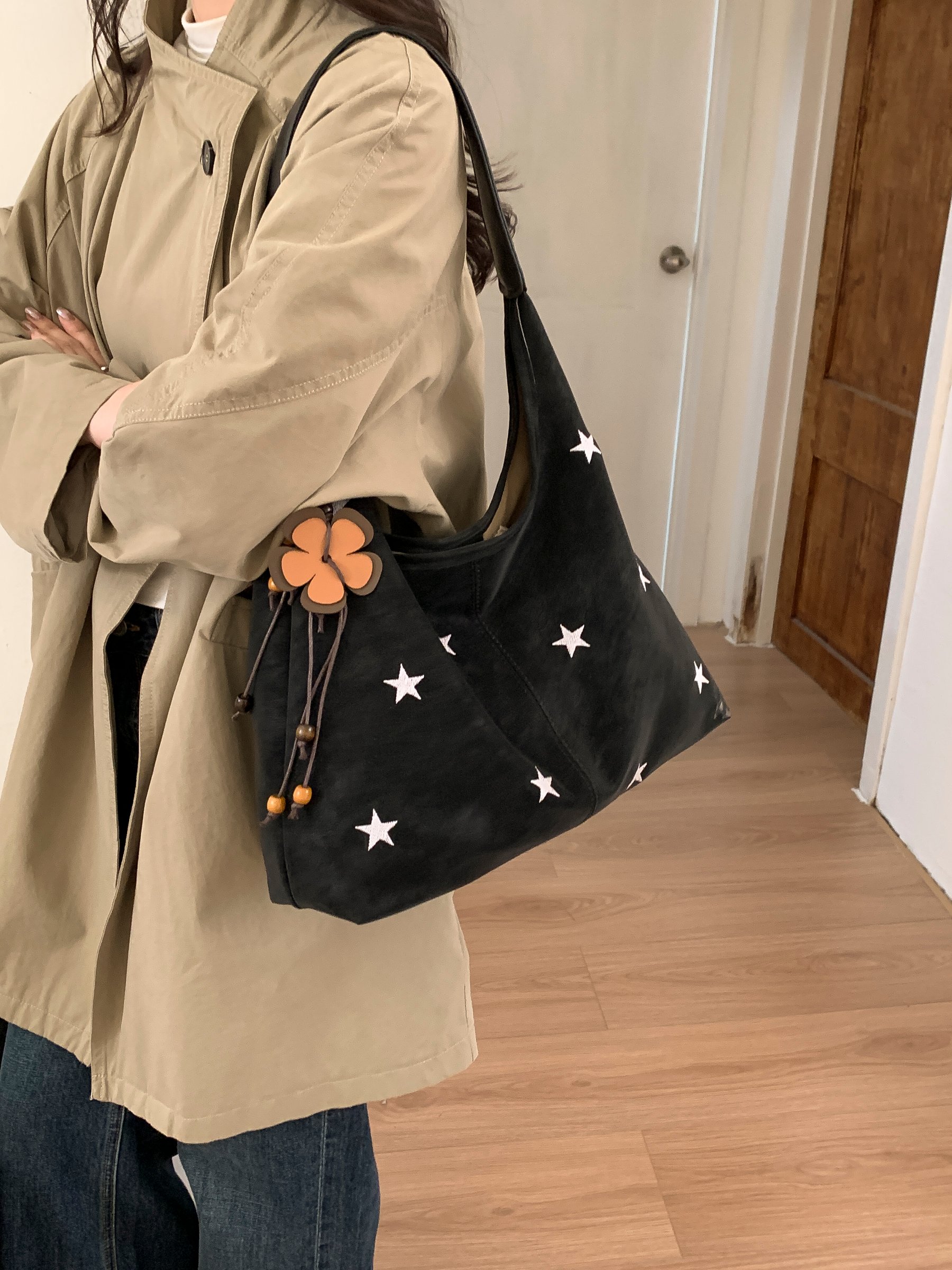 Black Star Embroidered Shoulder Bag with Charm