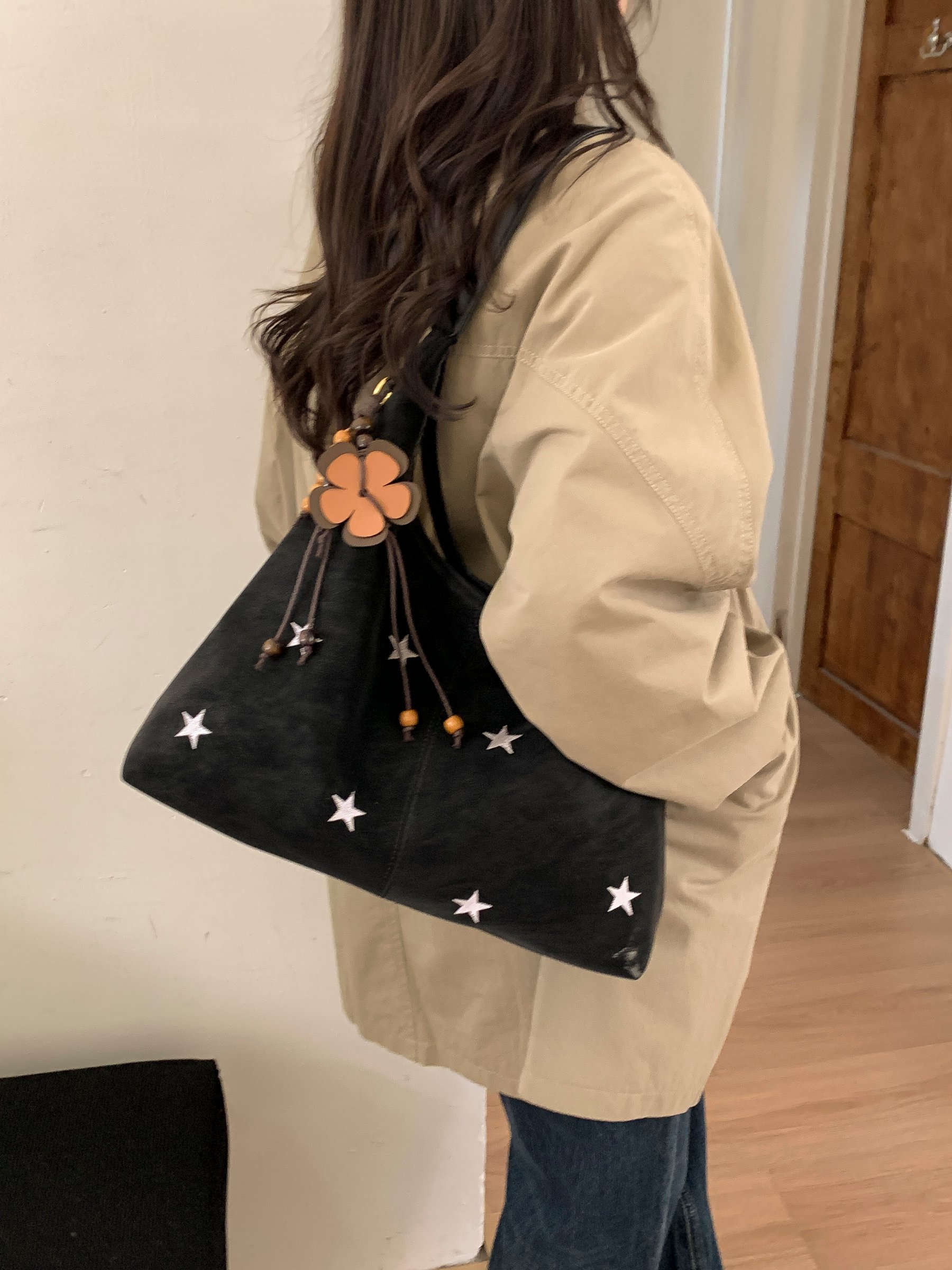 Black Star Embroidered Shoulder Bag with Charm