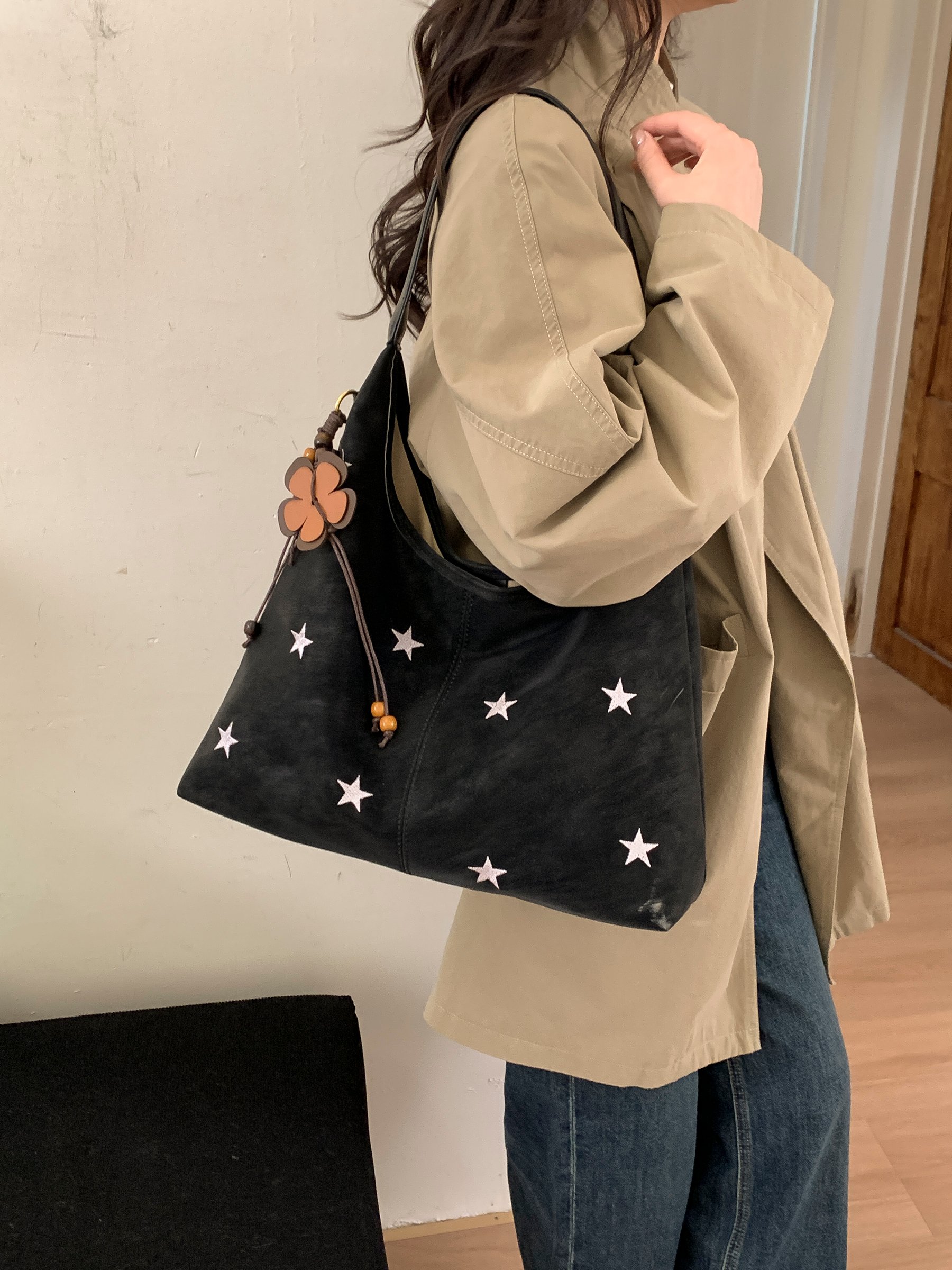 Black Star Embroidered Shoulder Bag with Charm