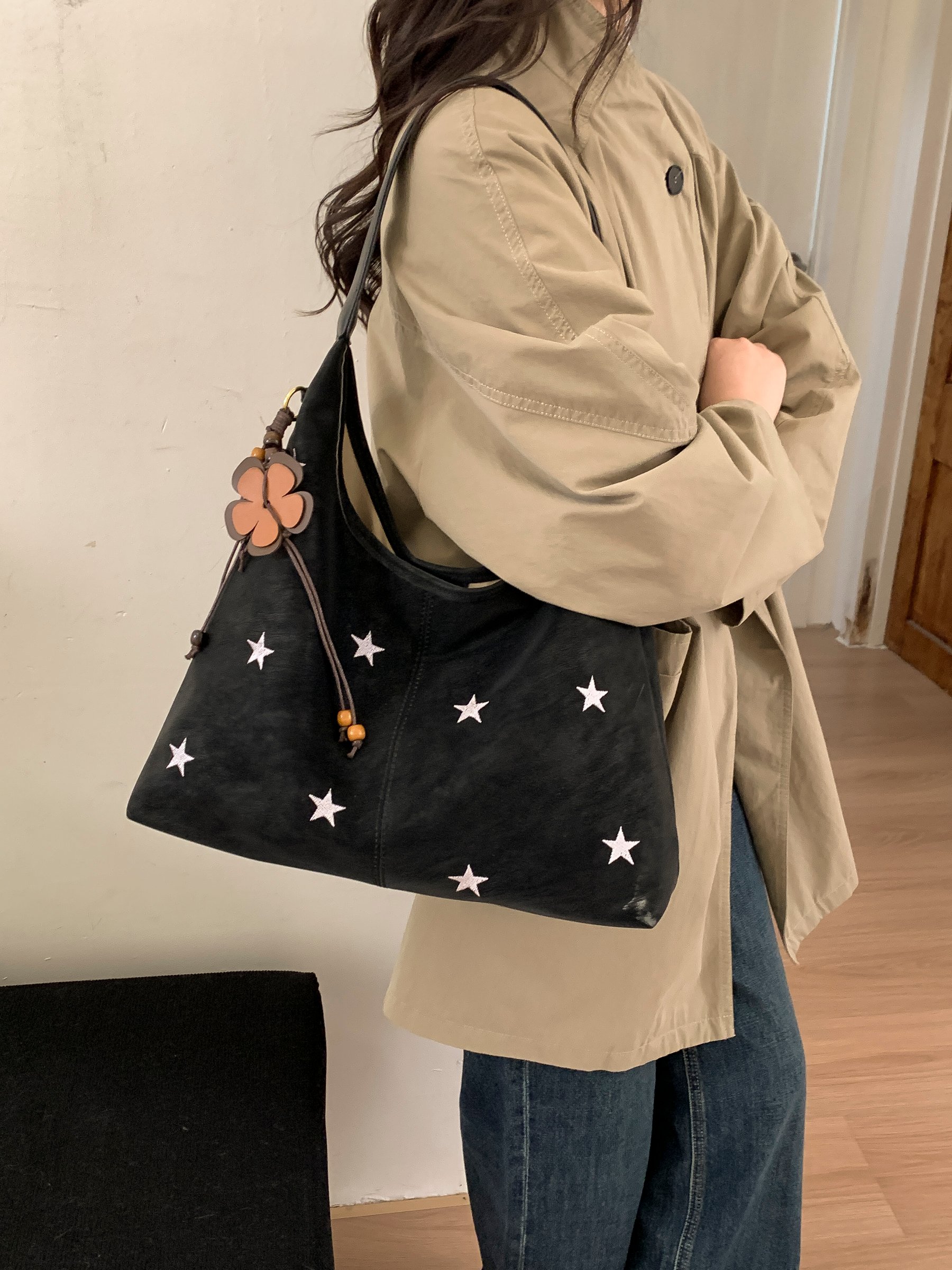 Black Star Embroidered Shoulder Bag with Charm