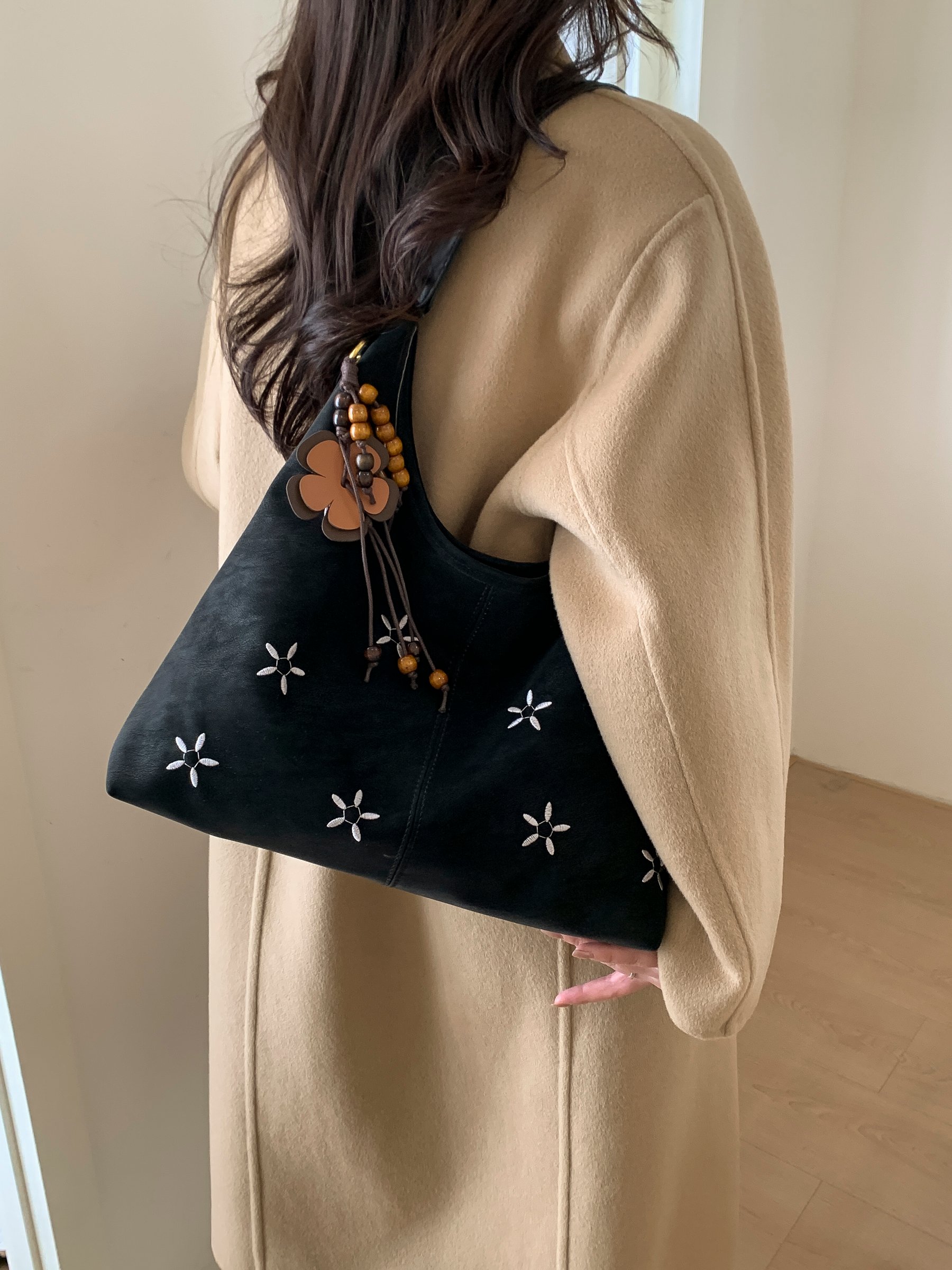 Black Embroidered Shoulder Bag with Charm