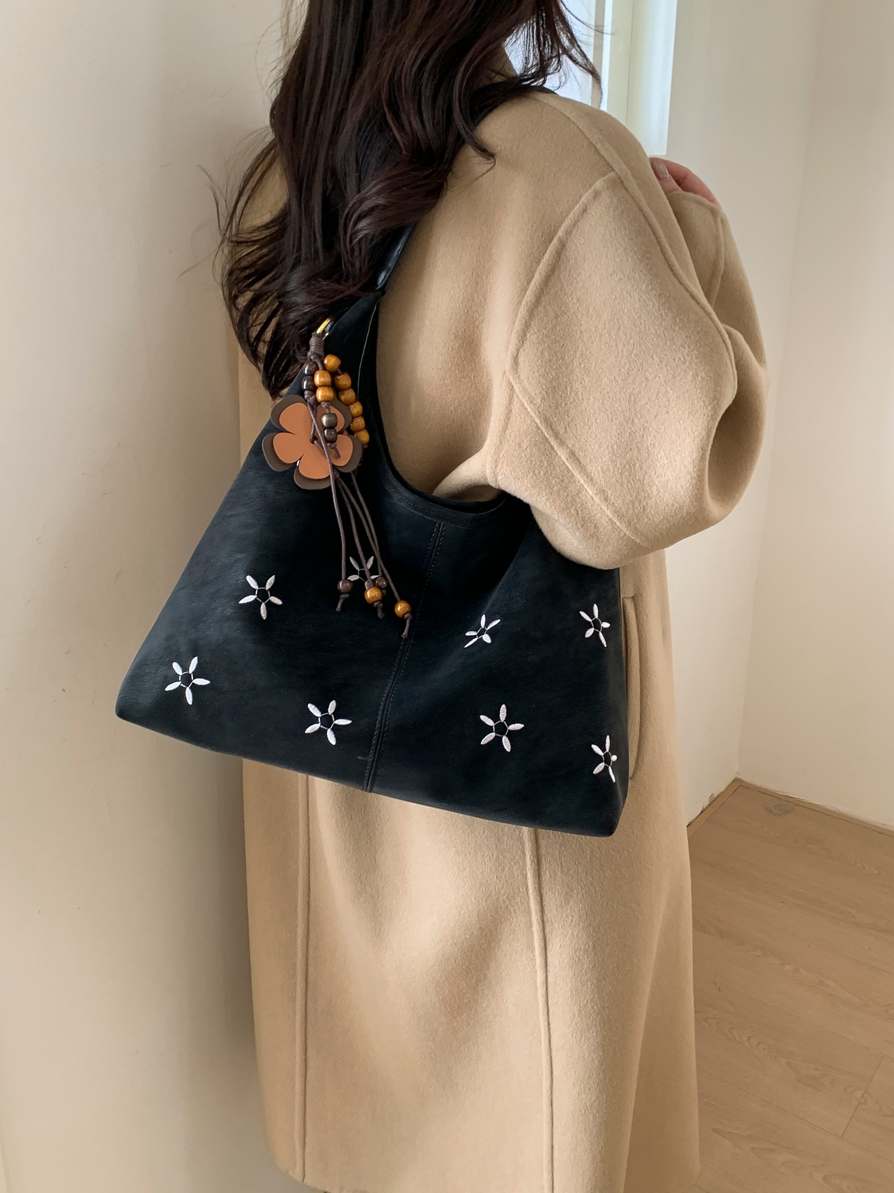 Black Embroidered Shoulder Bag with Charm