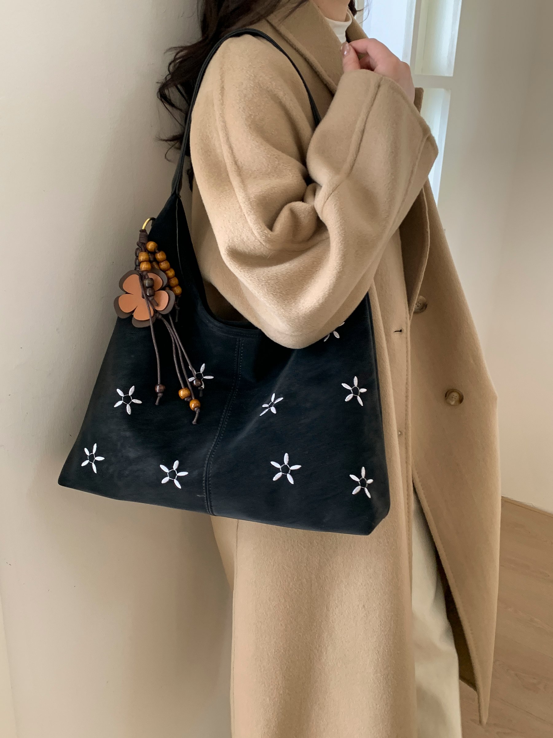 Black Embroidered Shoulder Bag with Charm