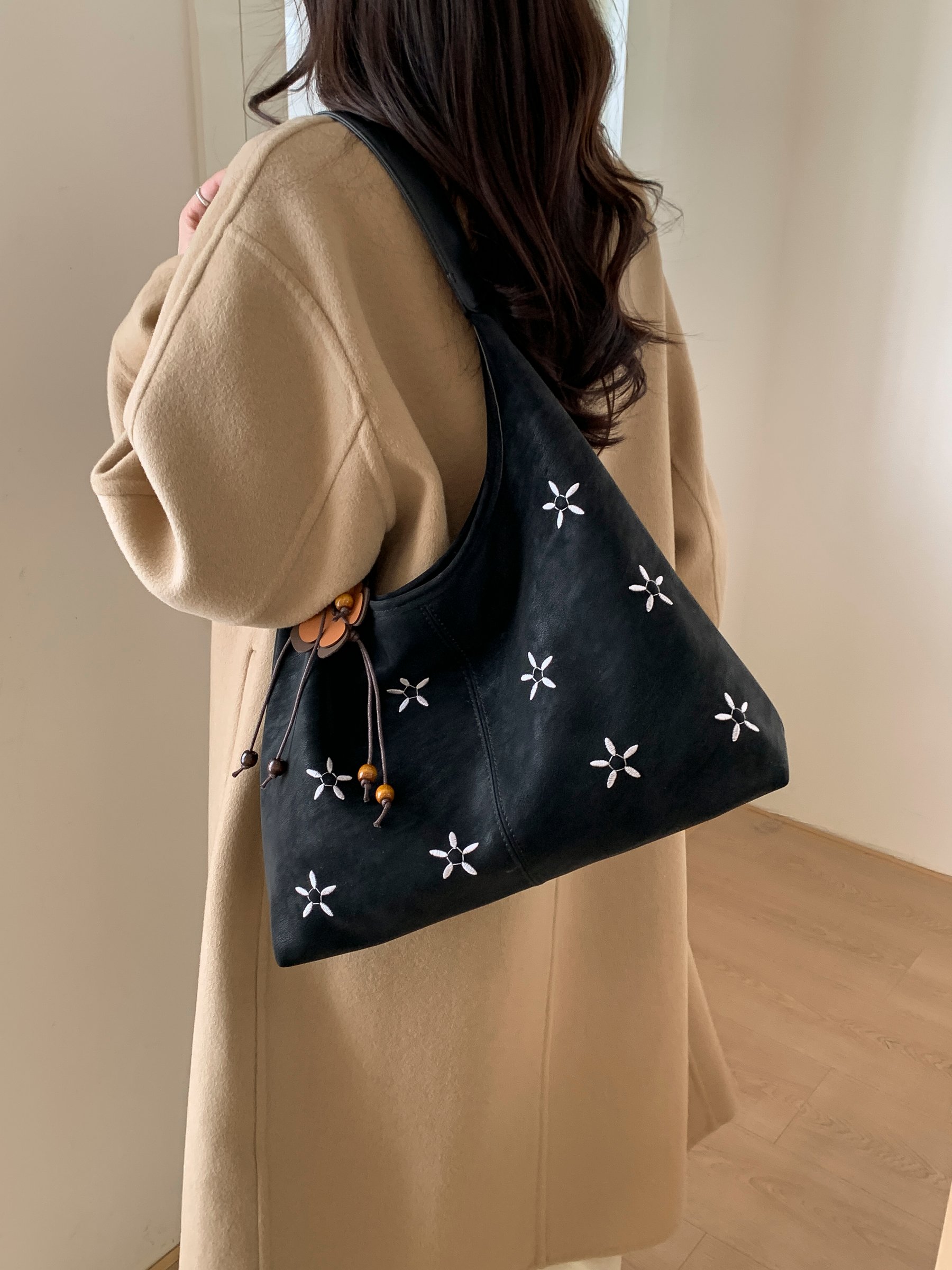 Black Embroidered Shoulder Bag with Charm