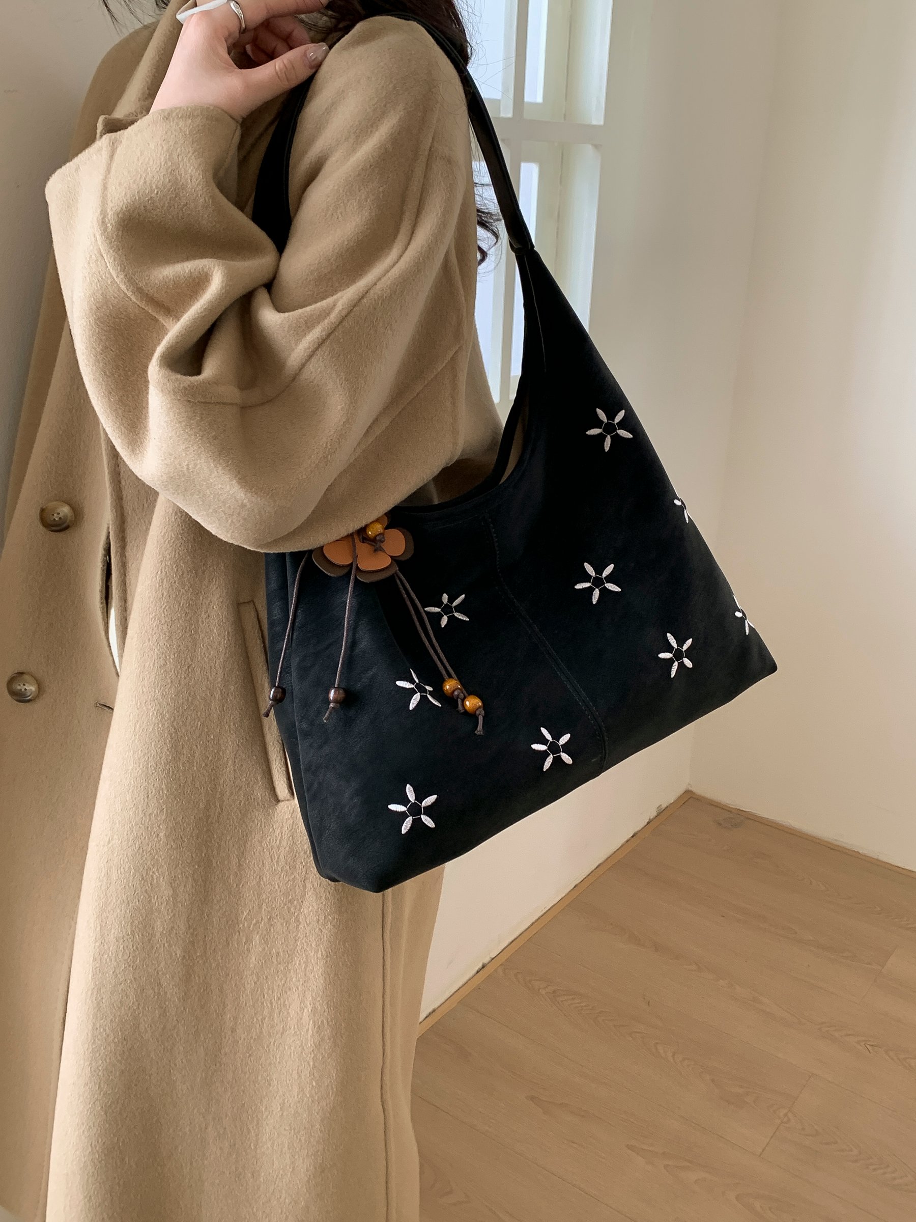 Black Embroidered Shoulder Bag with Charm