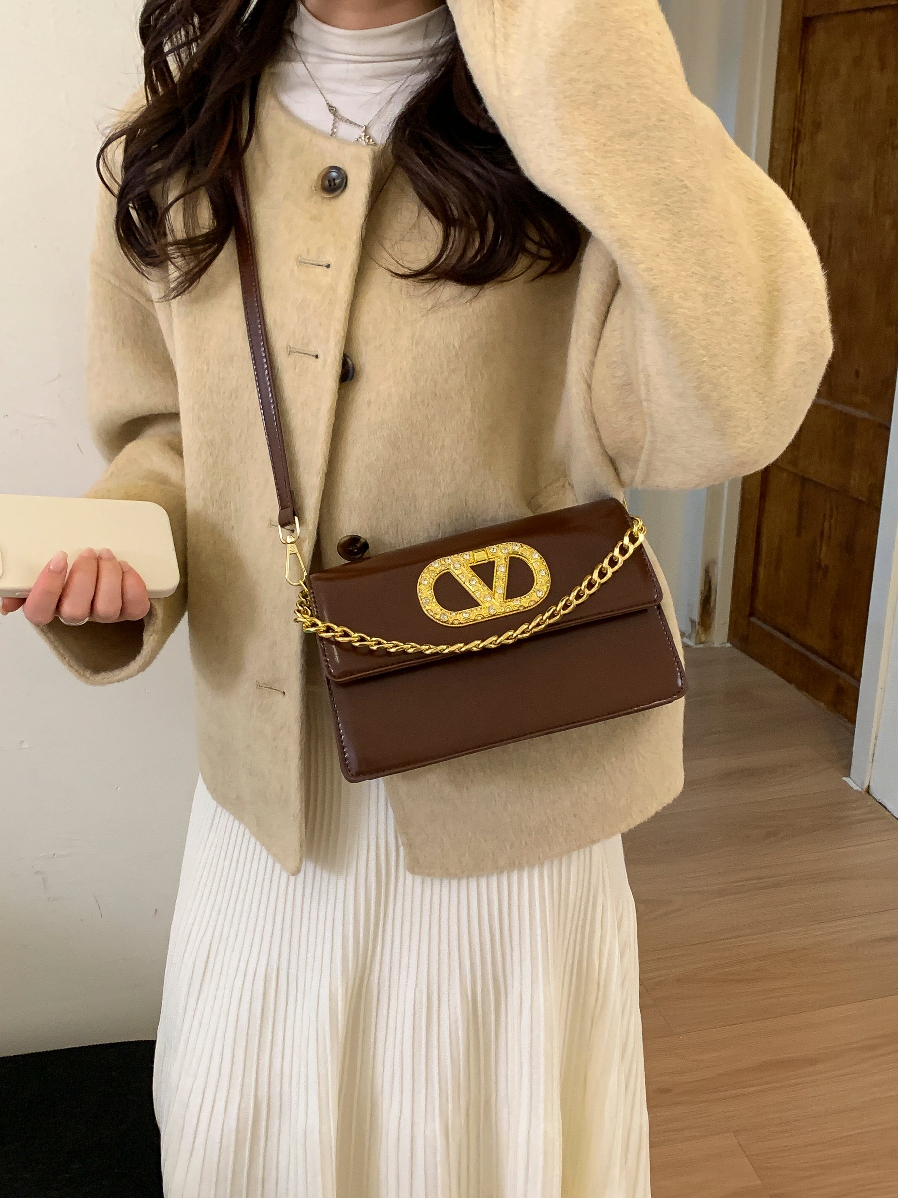 Brown Crossbody Bag with Gold Tone Accent