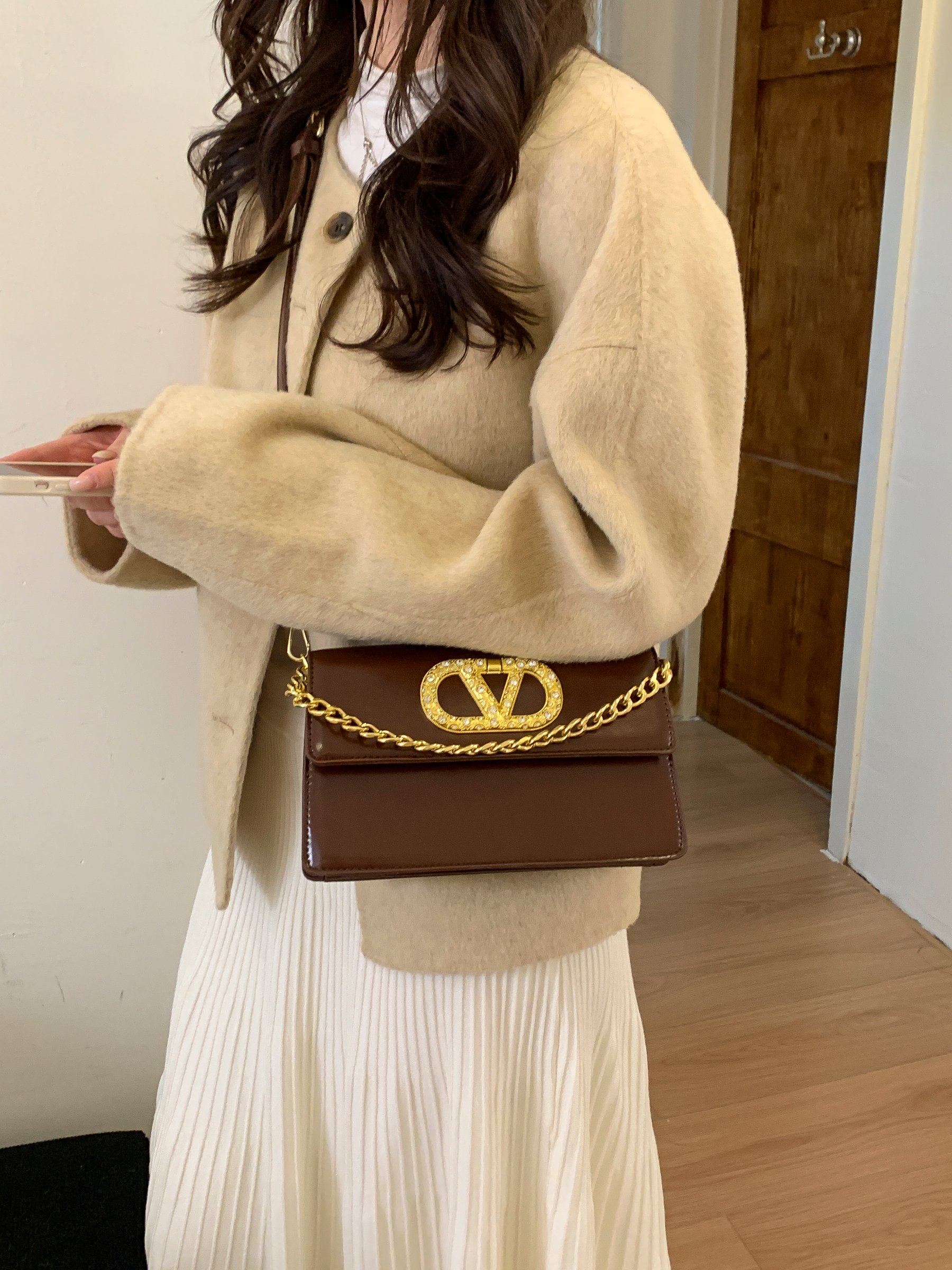 Brown Crossbody Bag with Gold Tone Accent