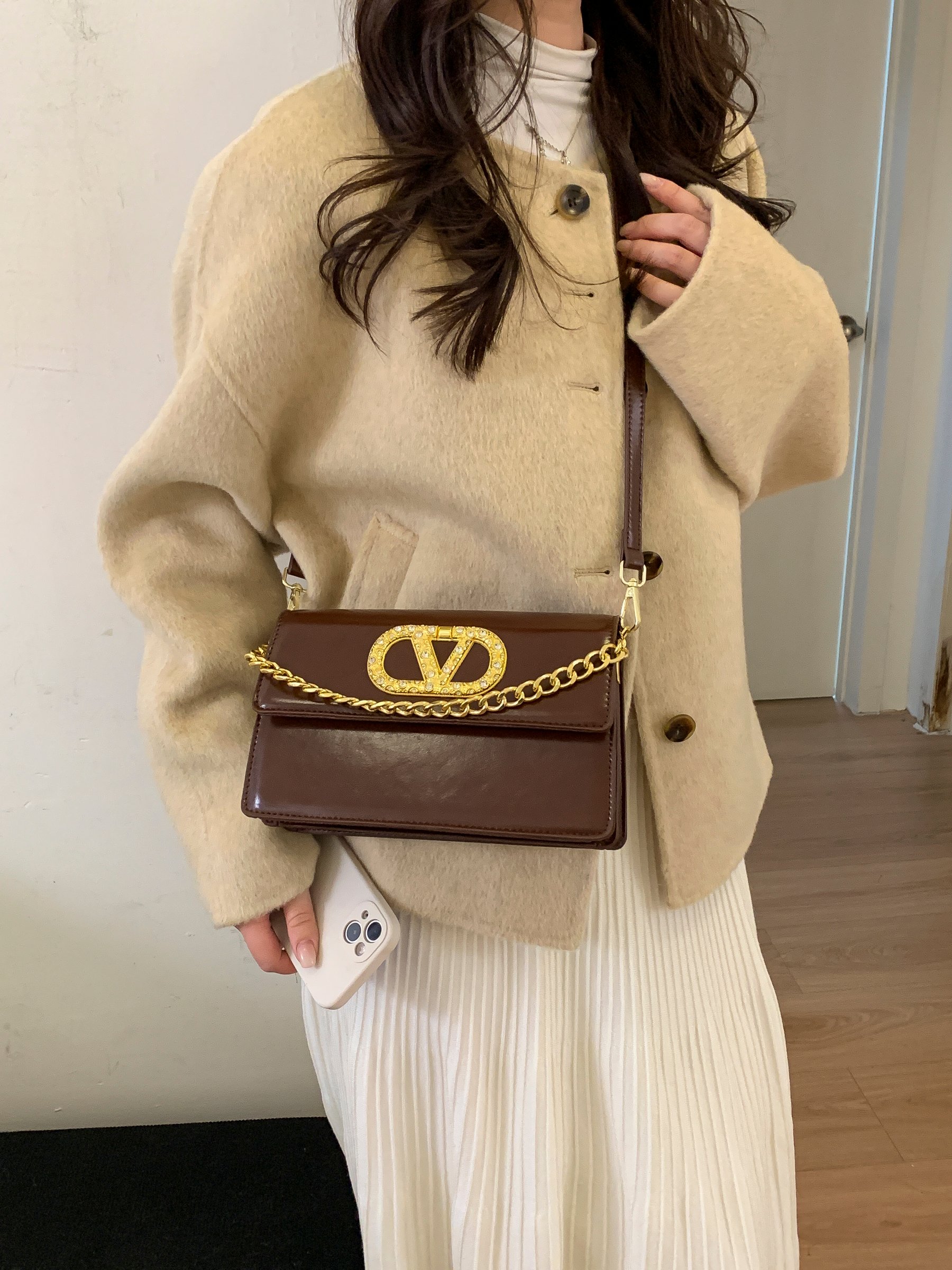 Brown Crossbody Bag with Gold Tone Accent