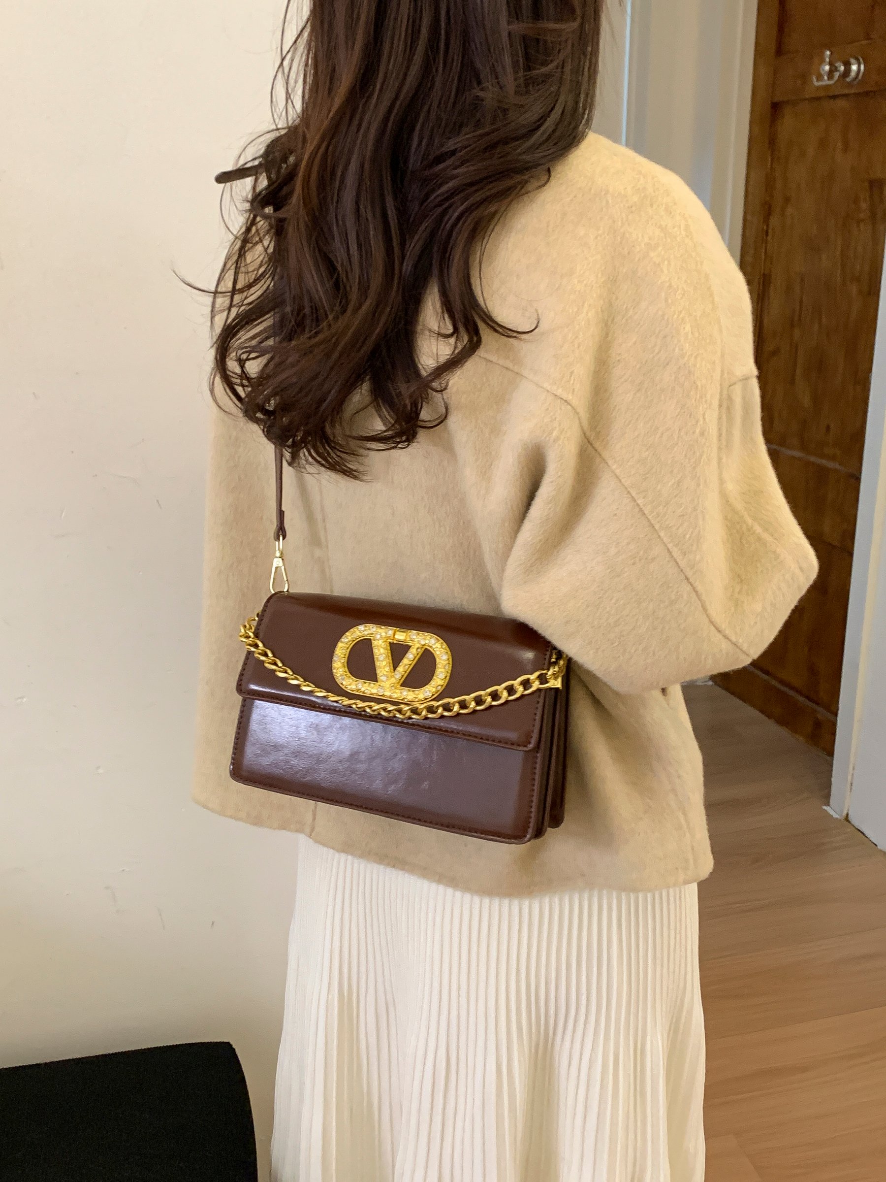 Brown Crossbody Bag with Gold Tone Accent