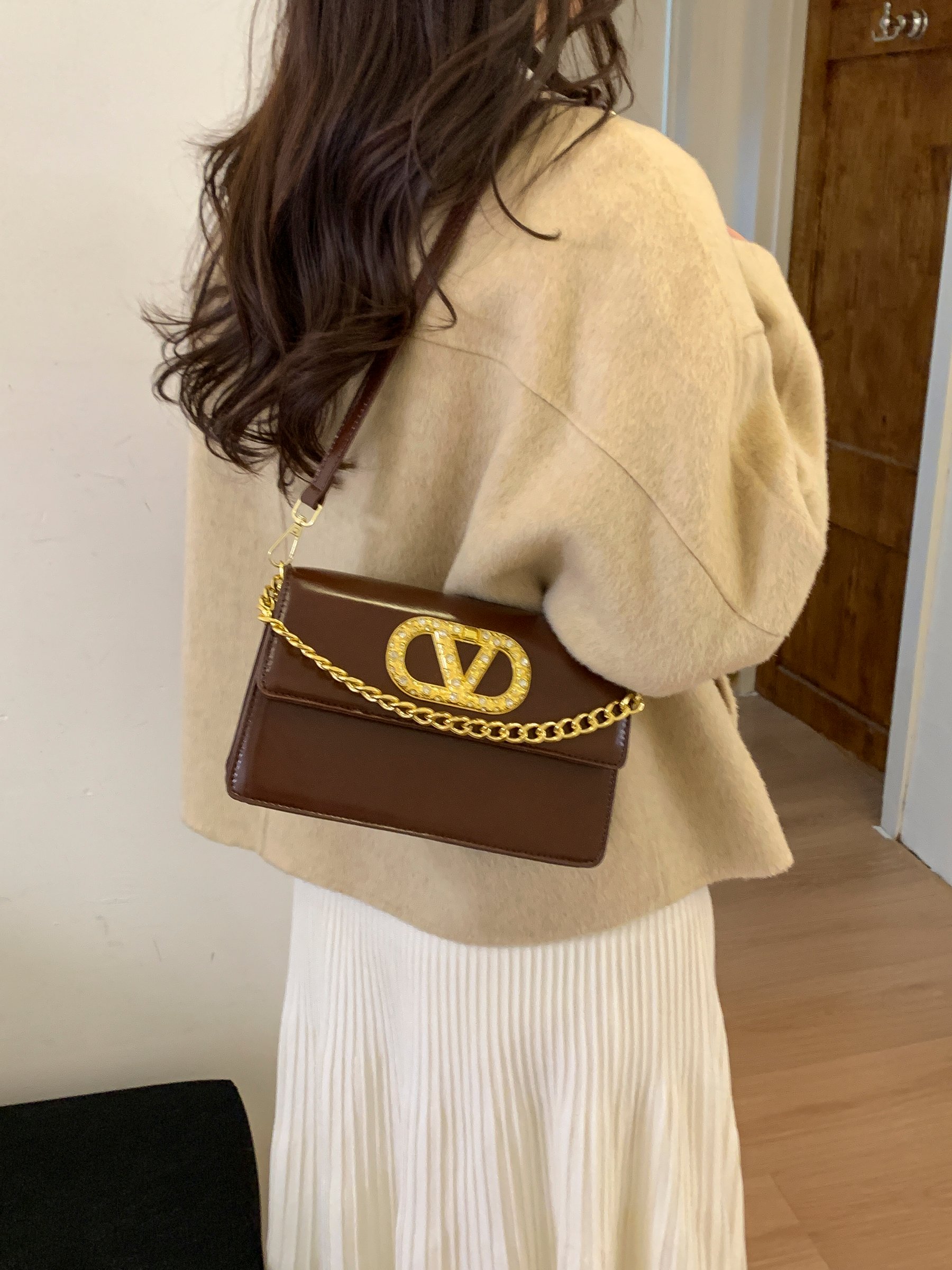 Brown Crossbody Bag with Gold Tone Accent