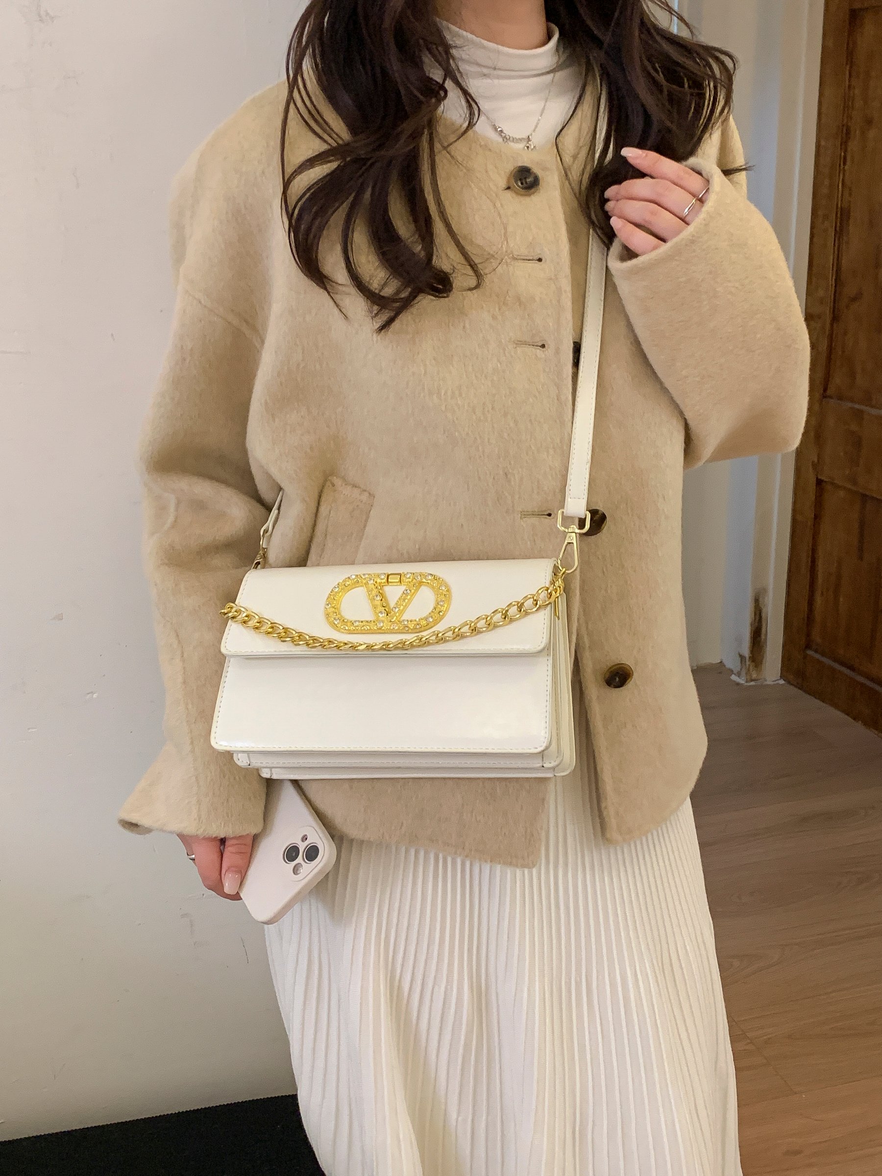 Beige Crossbody Bag with Gold Tone Accent