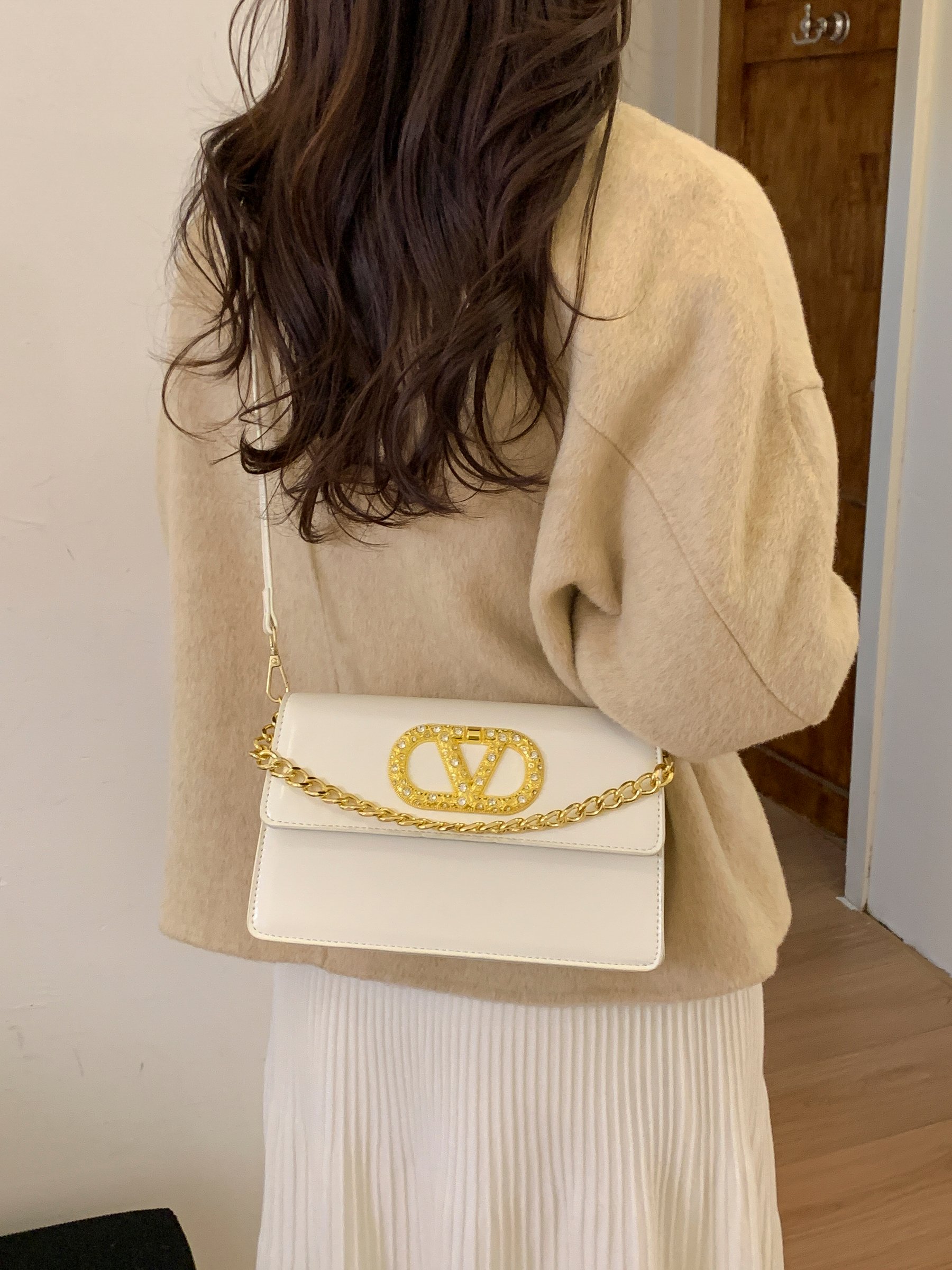 Beige Crossbody Bag with Gold Tone Accent
