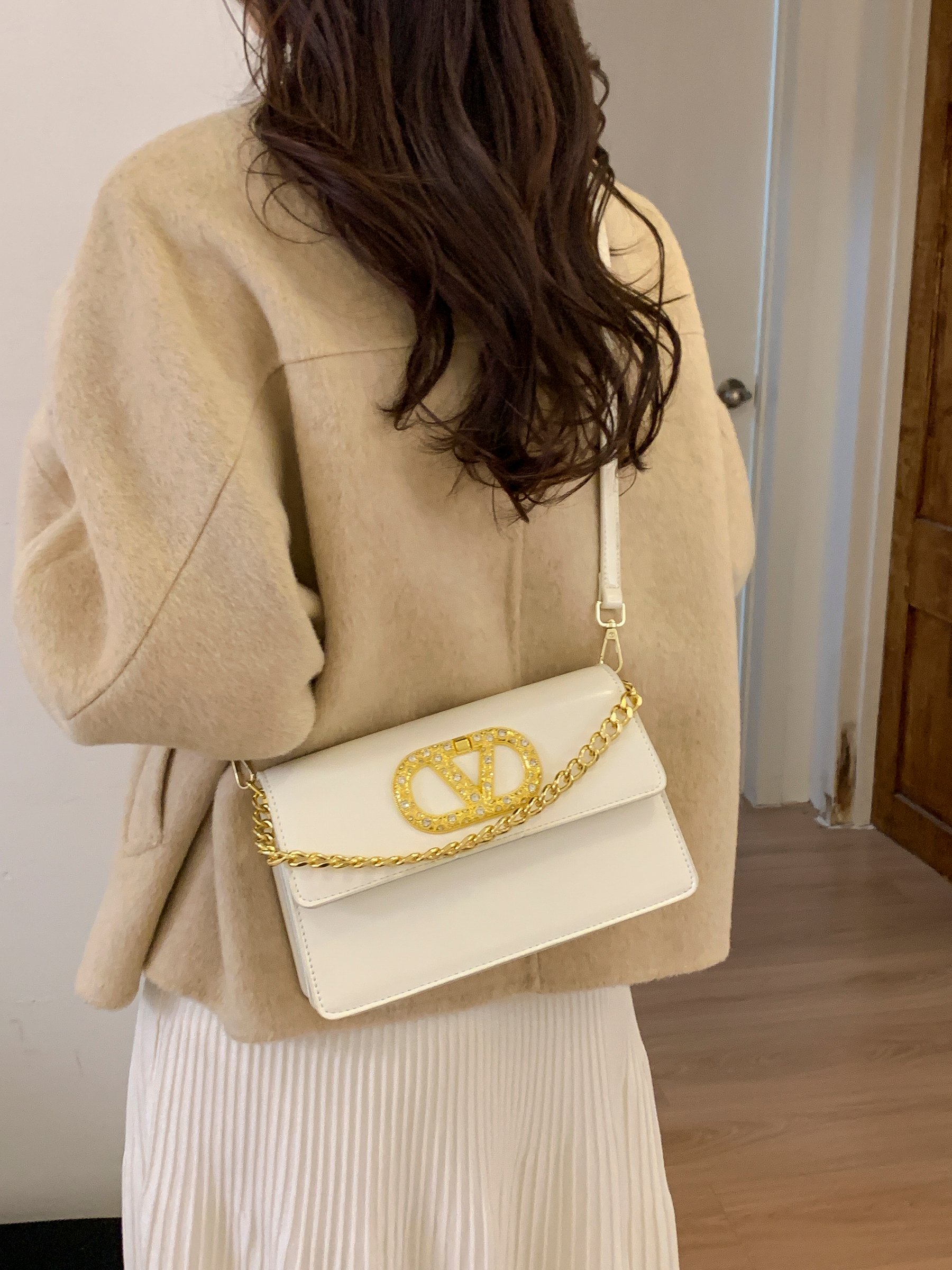 Beige Crossbody Bag with Gold Tone Accent