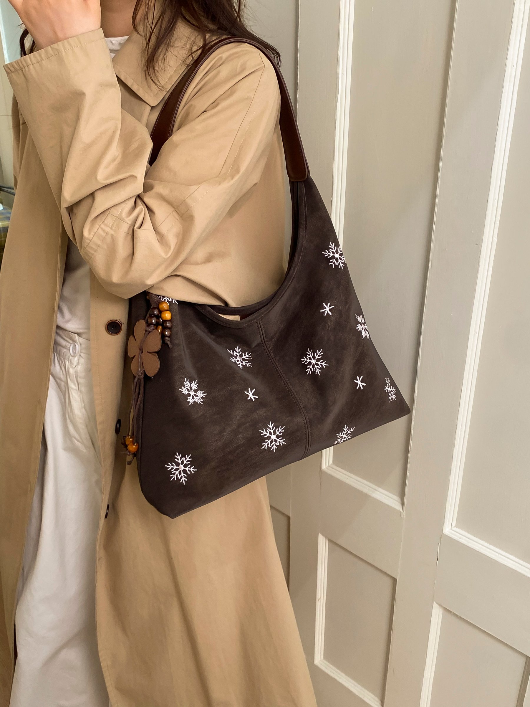 Coffee Brown Snowflake Embroidered Shoulder Bag