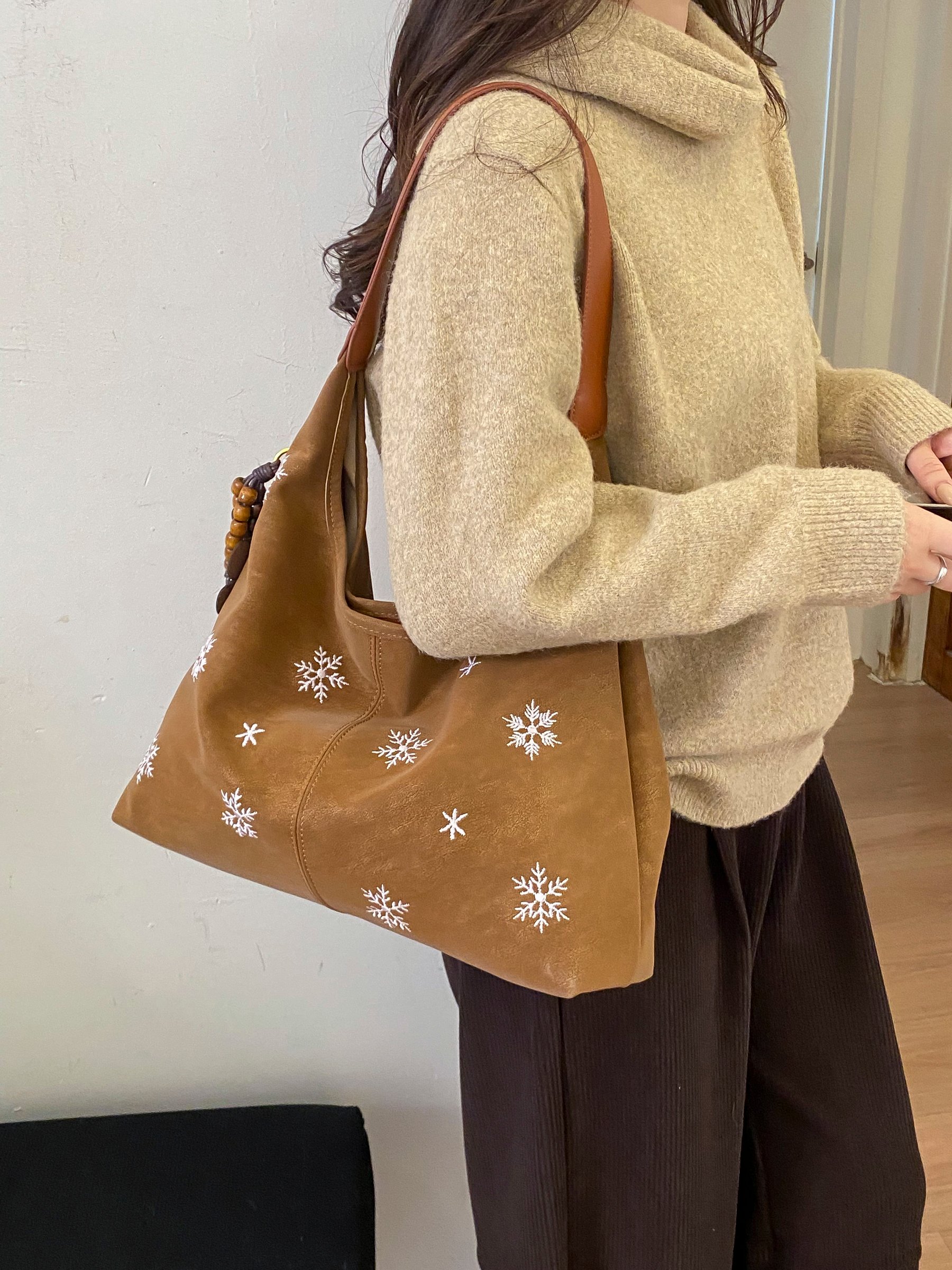 Brown Snowflake Shoulder Bag with Charm