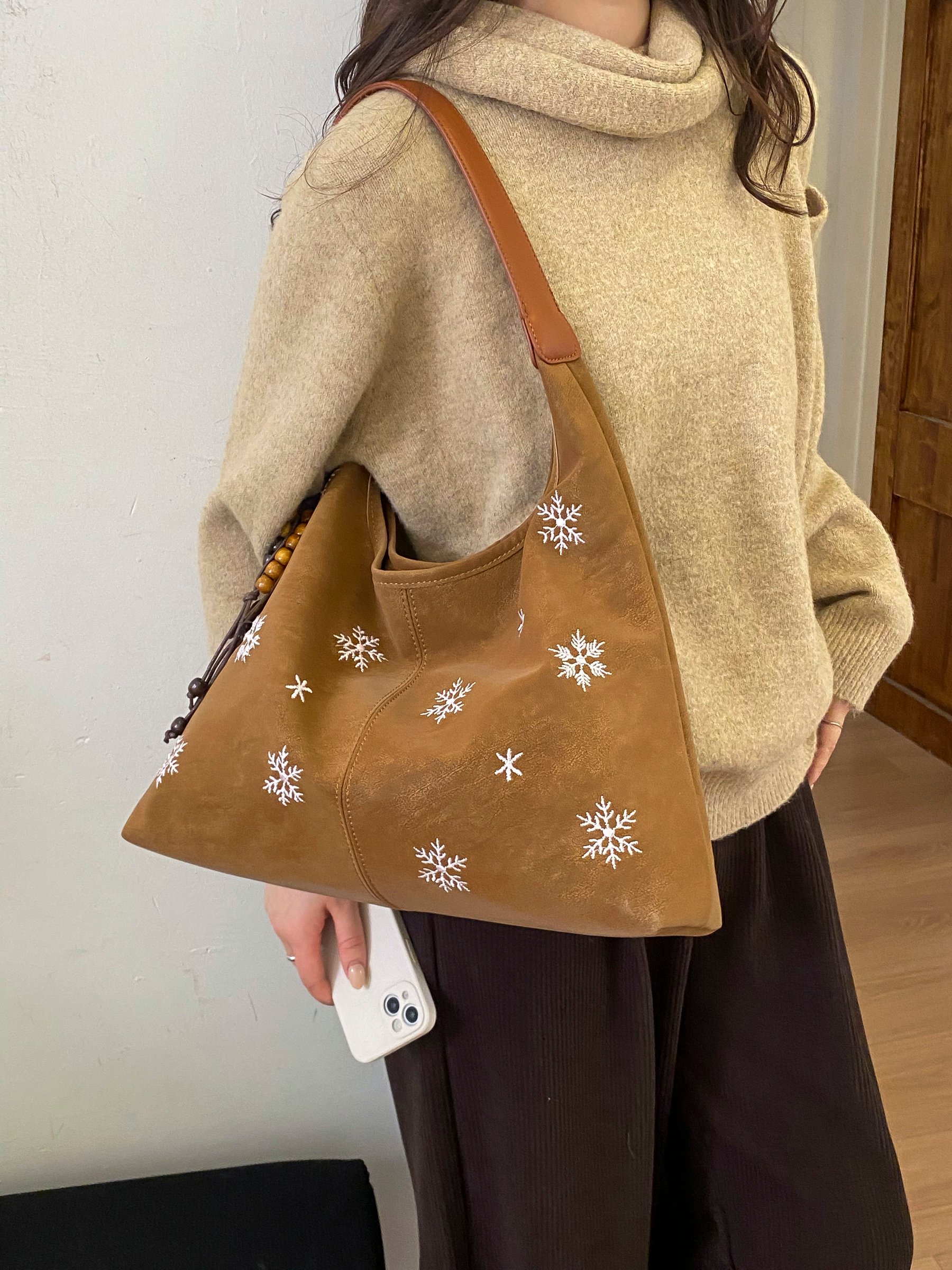 Brown Snowflake Shoulder Bag with Charm