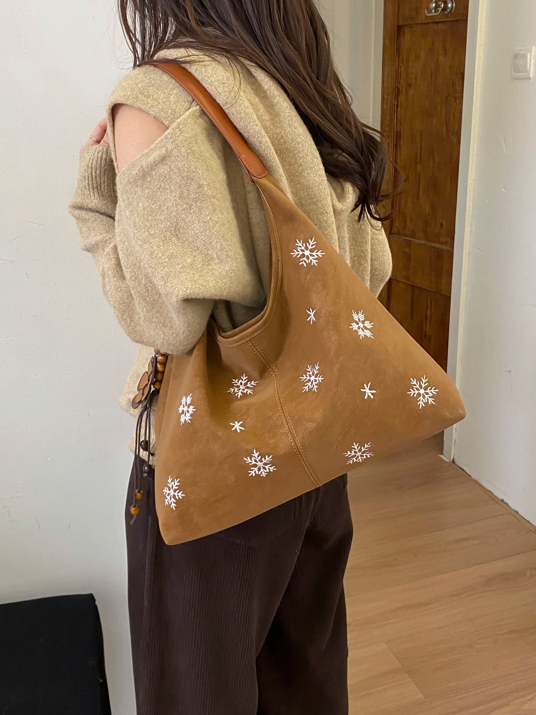 Brown Snowflake Shoulder Bag with Charm