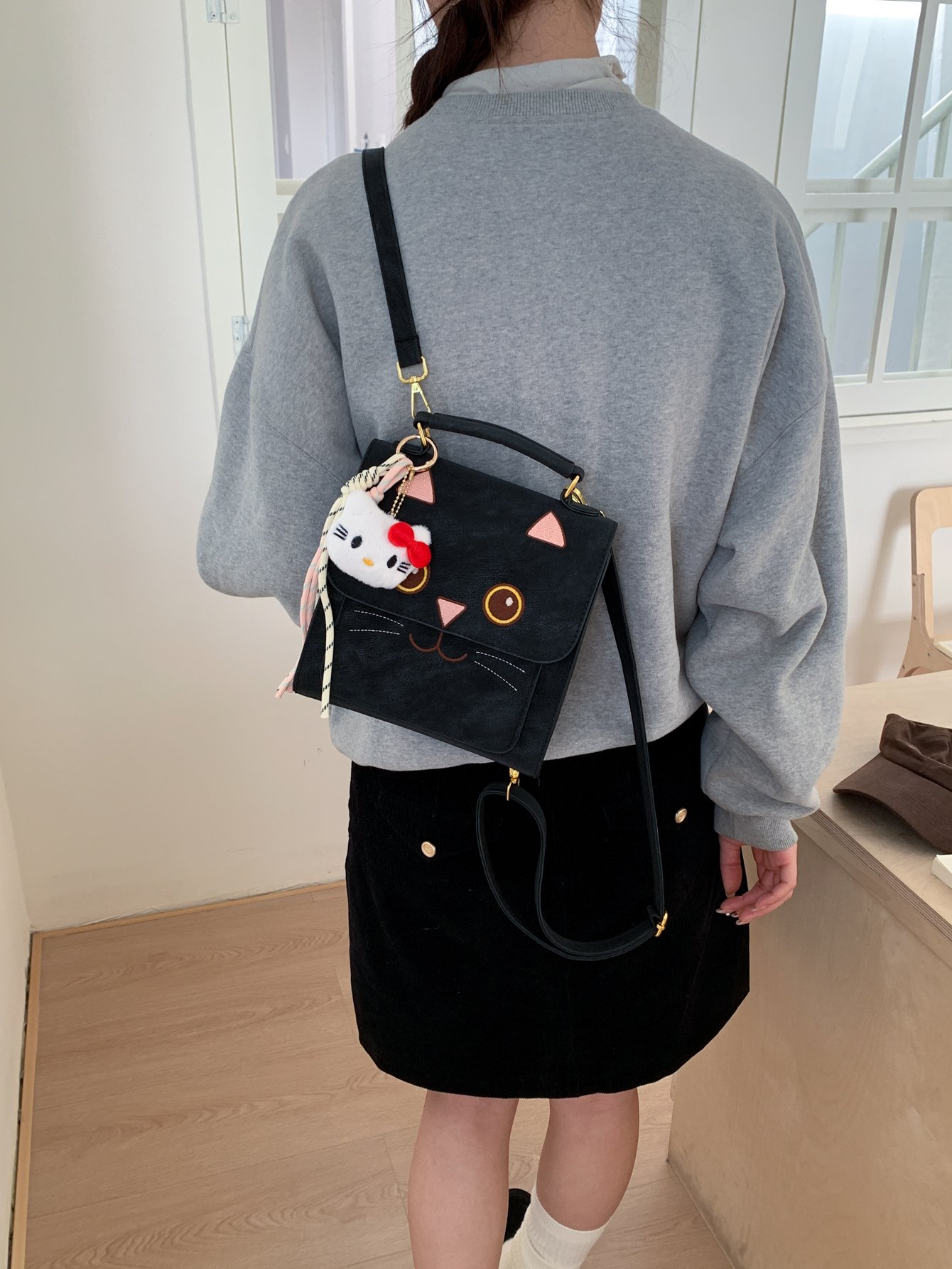 Black Cat Design Shoulder Bag with Charm