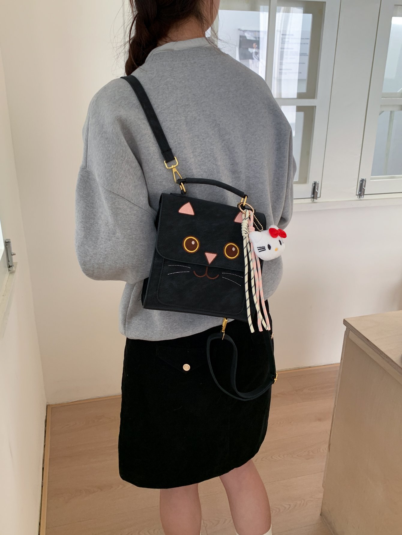 Black Cat Design Shoulder Bag with Charm