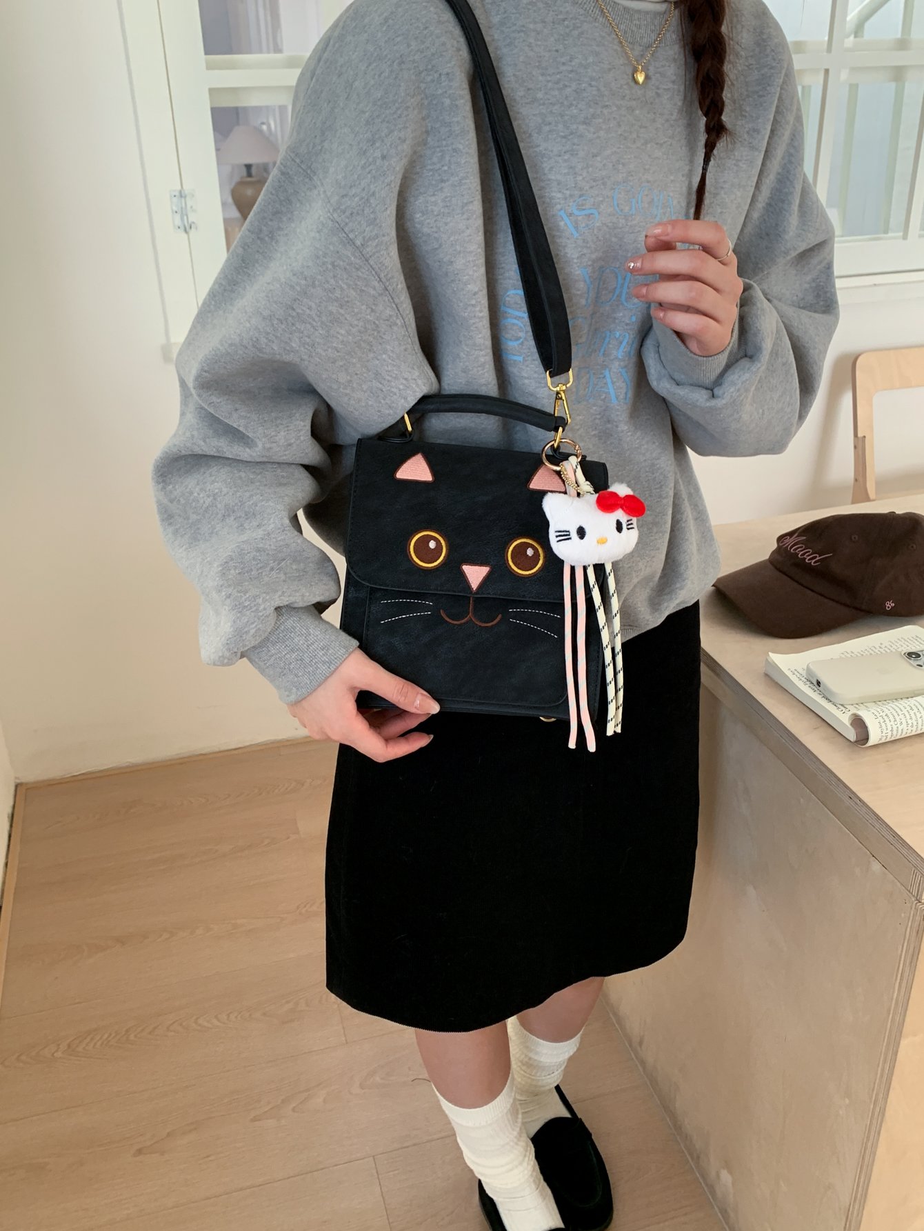 Black Cat Design Shoulder Bag with Charm
