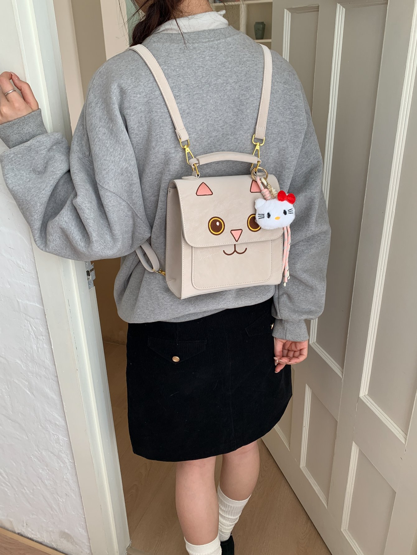 Beige Cat-Face Shoulder Bag with Charm