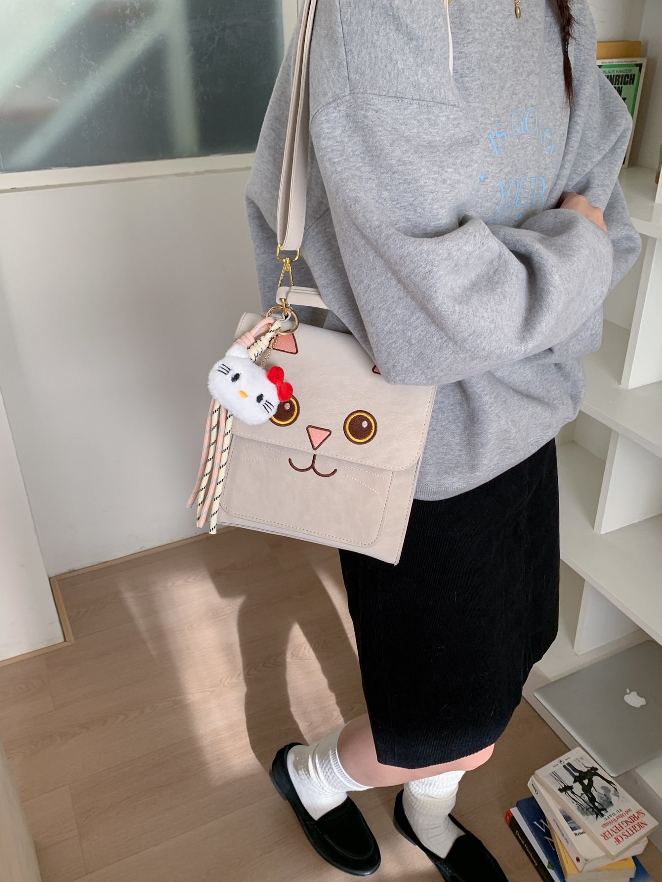 Beige Cat-Face Shoulder Bag with Charm