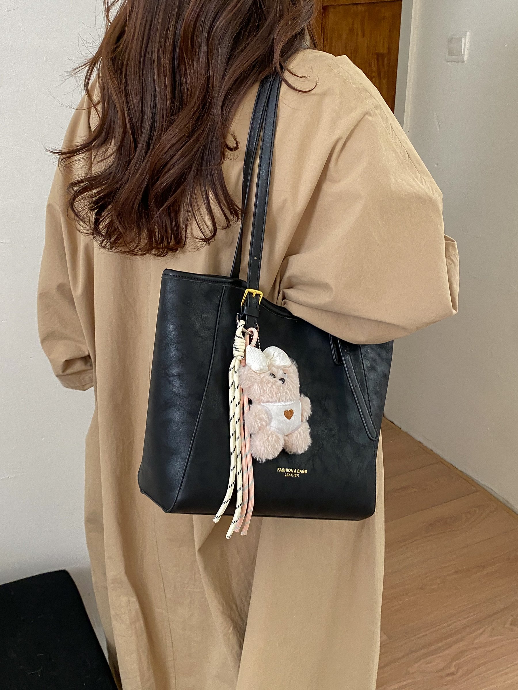 Black Faux Leather Shoulder Bag with Charm