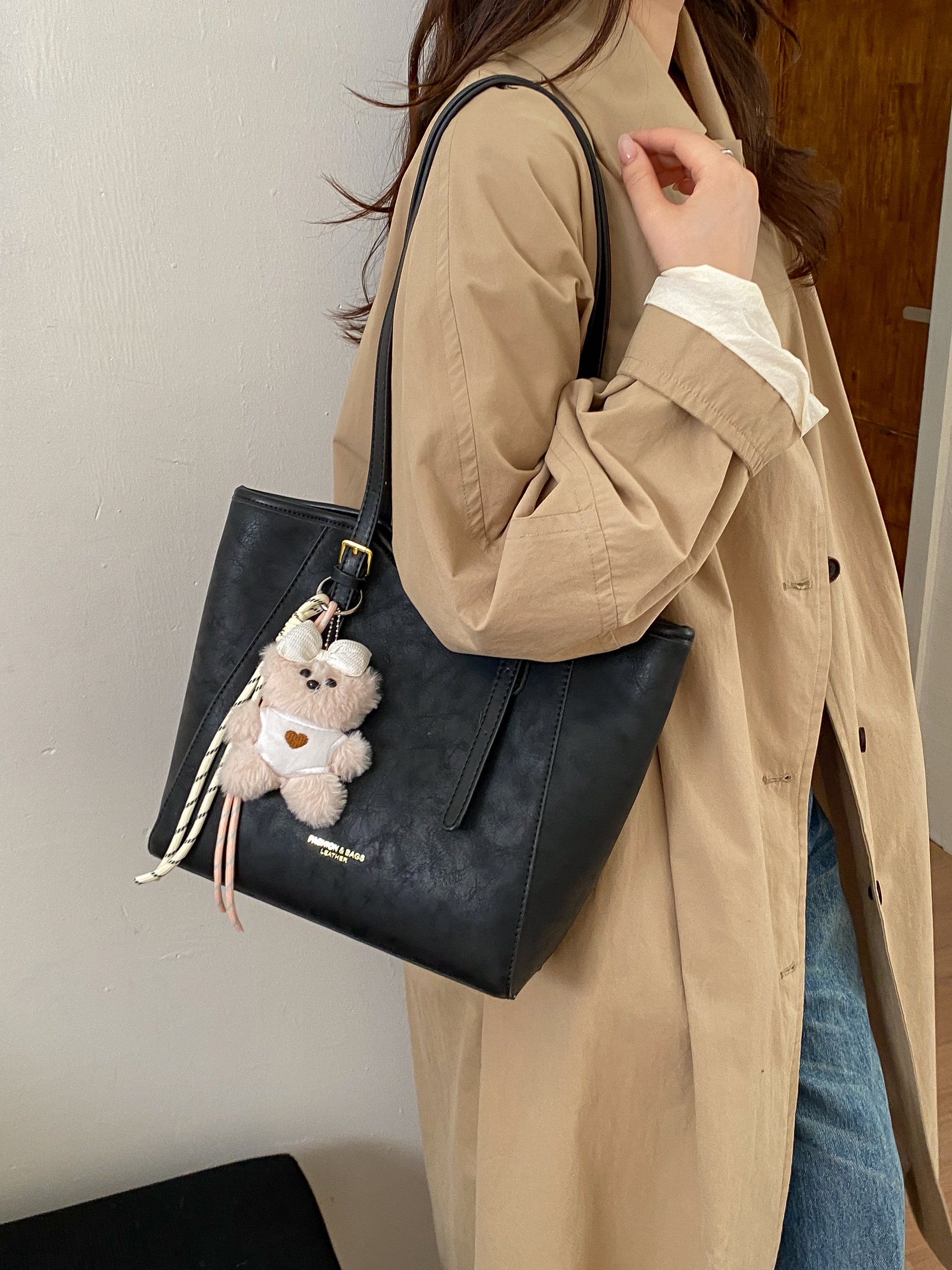 Black Faux Leather Shoulder Bag with Charm