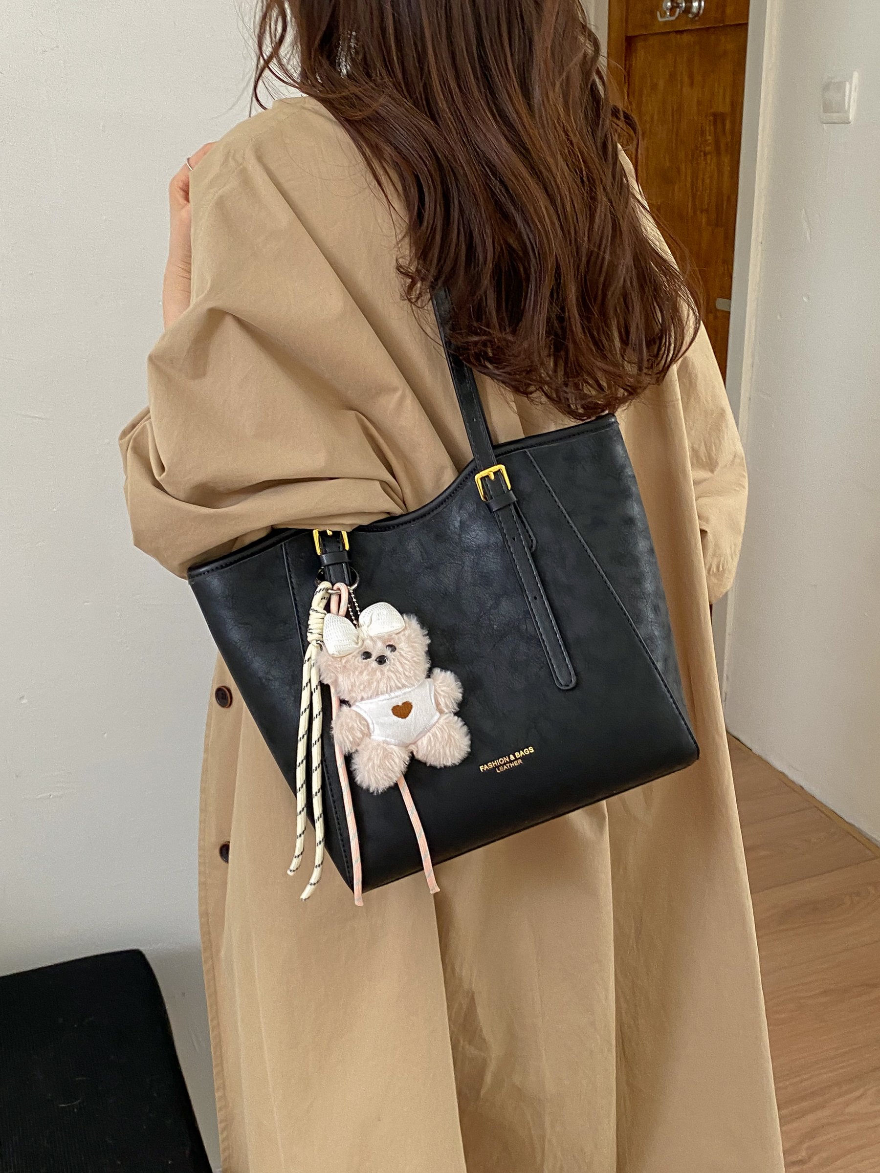 Black Faux Leather Shoulder Bag with Charm