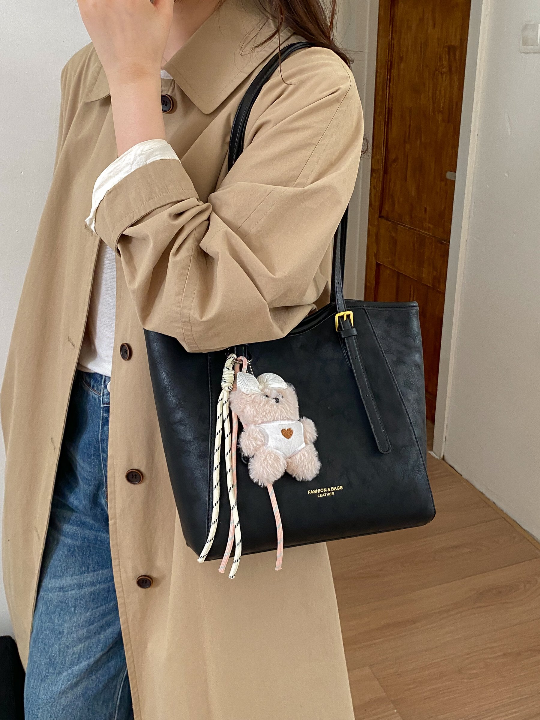 Black Faux Leather Shoulder Bag with Charm
