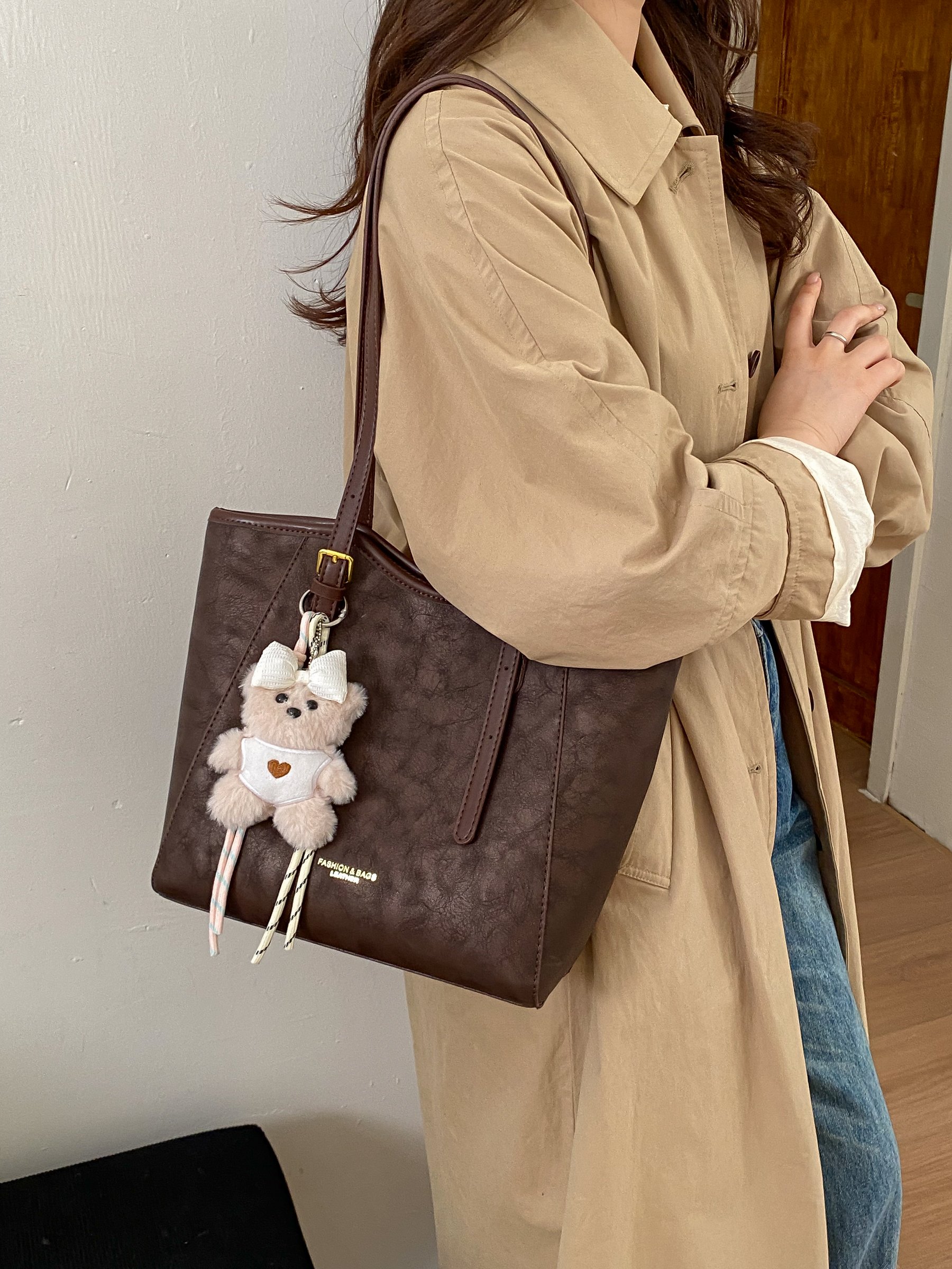 Coffee Brown Shoulder Bag with Bear Charm