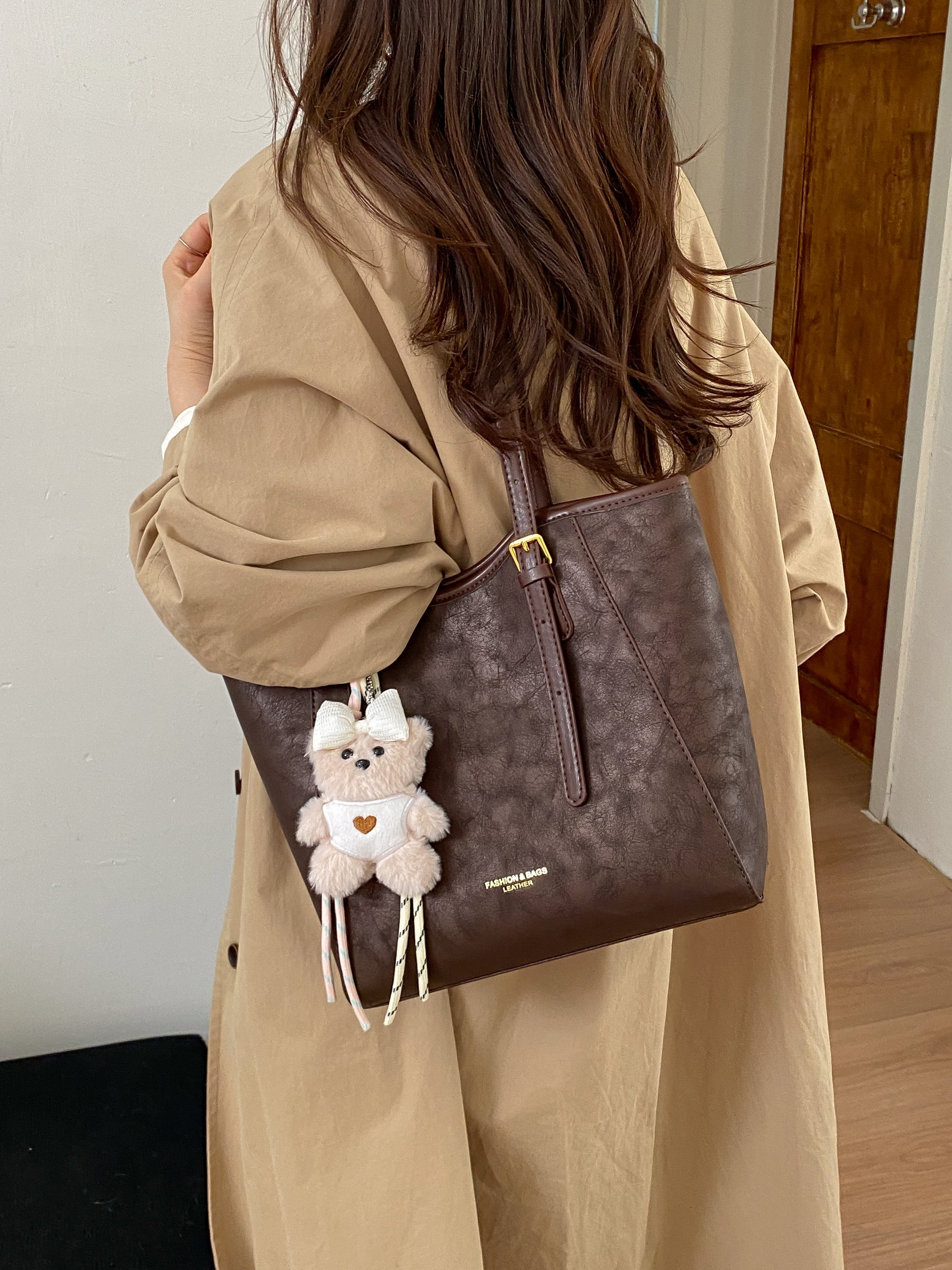 Coffee Brown Shoulder Bag with Bear Charm