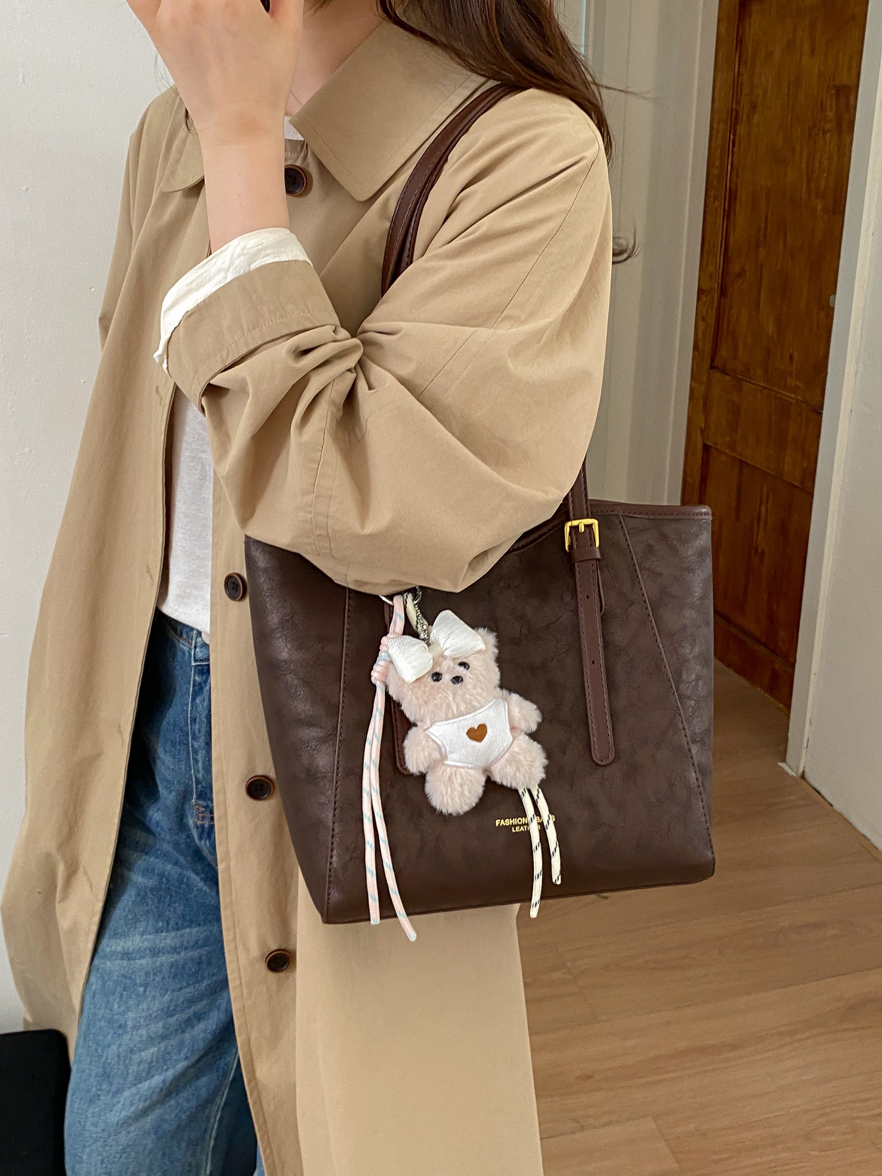 Coffee Brown Shoulder Bag with Bear Charm