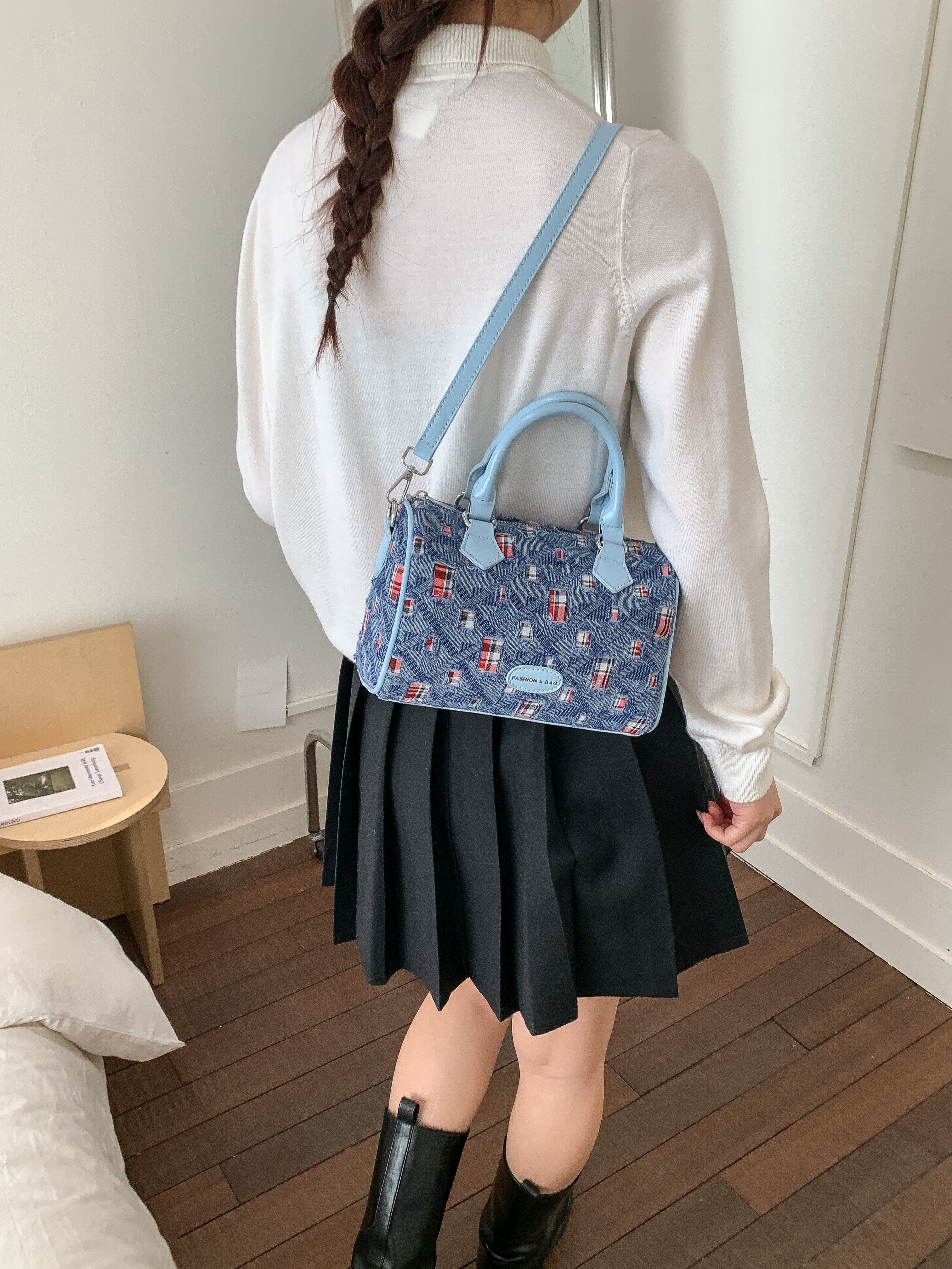 Blue Denim Plaid Shoulder Bag