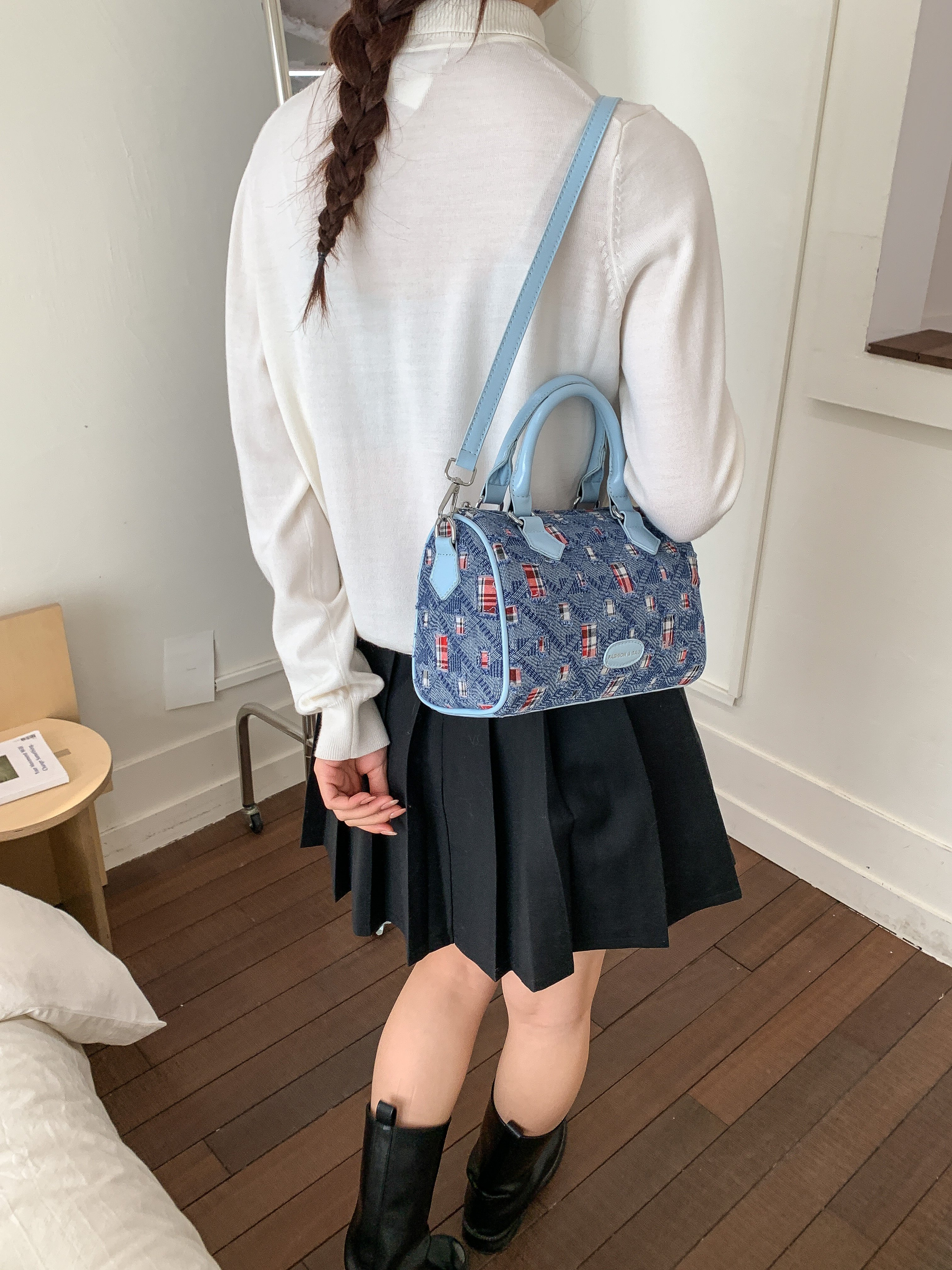 Blue Denim Plaid Shoulder Bag