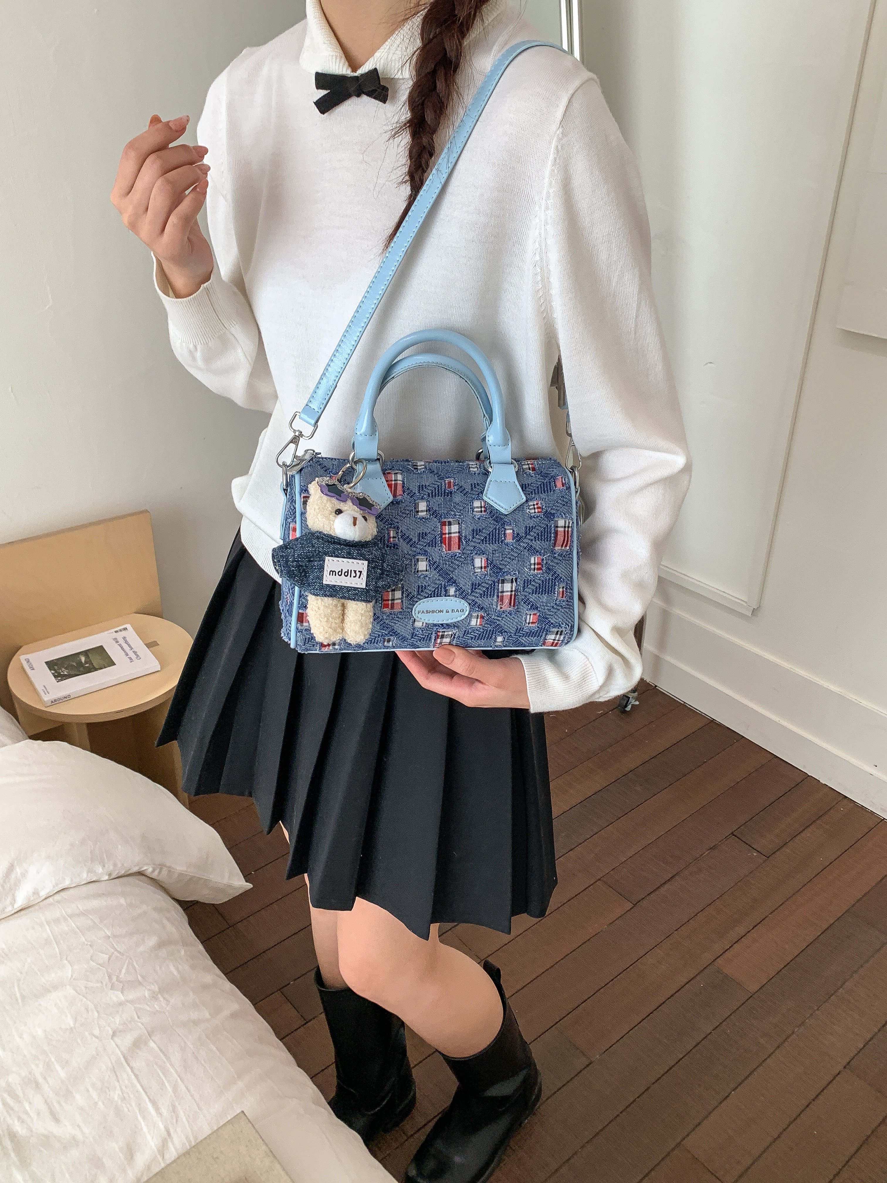 Blue Denim Plaid Shoulder Bag