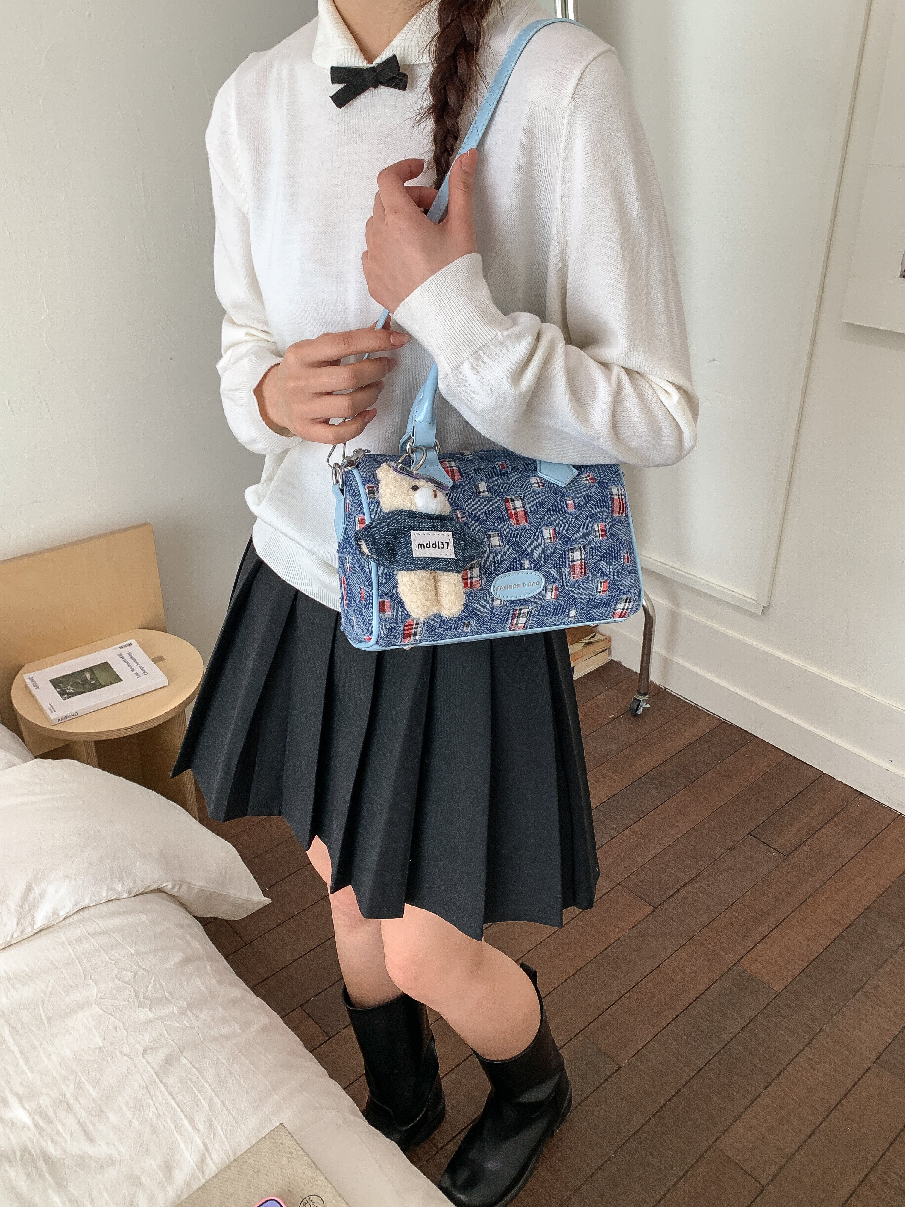 Blue Denim Plaid Shoulder Bag