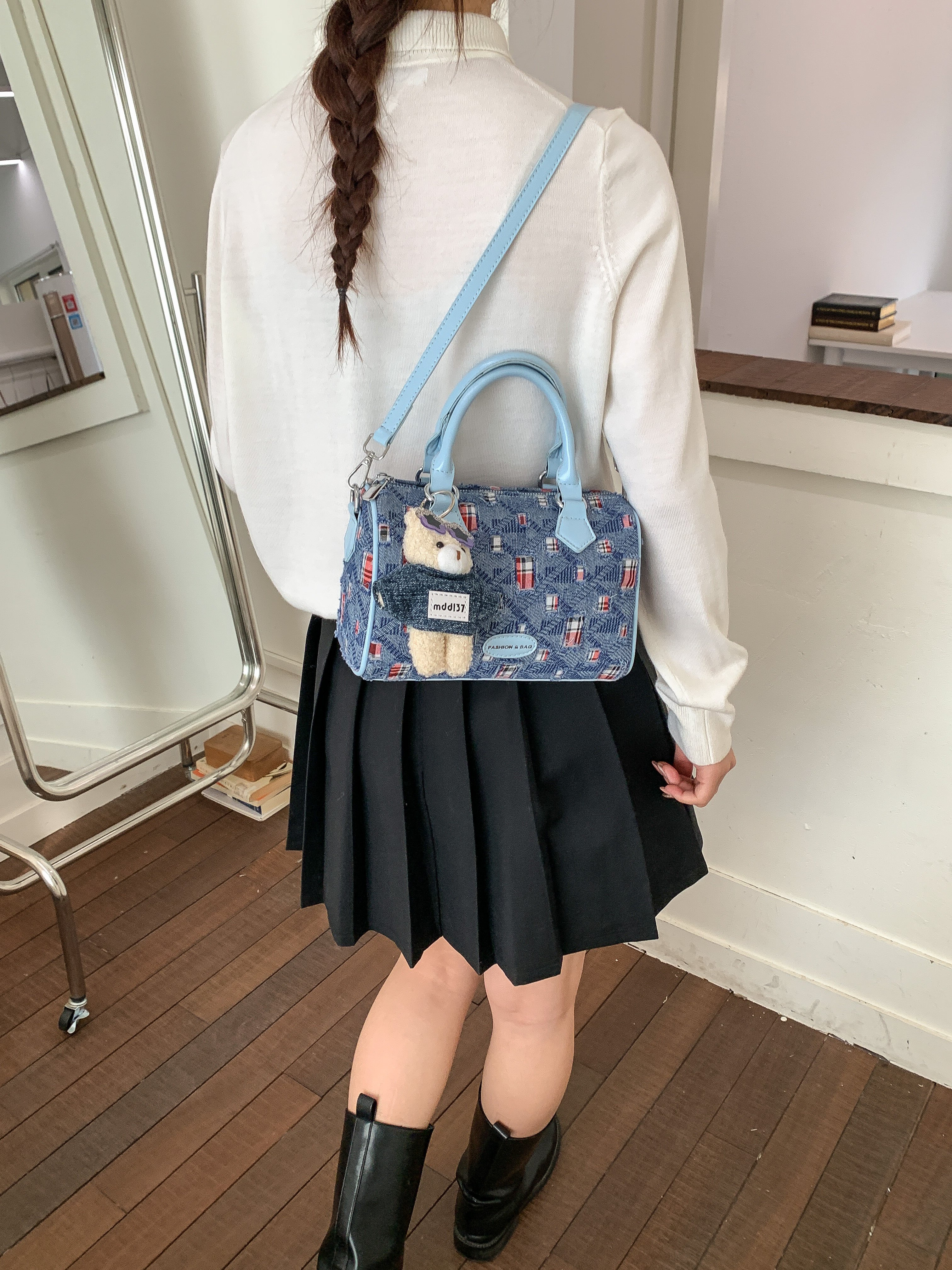 Blue Denim Plaid Shoulder Bag