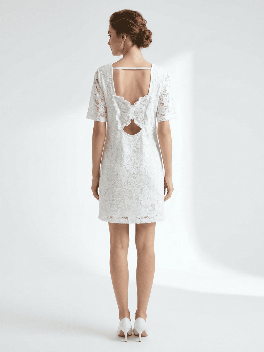 White Floral Lace Mini Dress with Butterfly Open Back