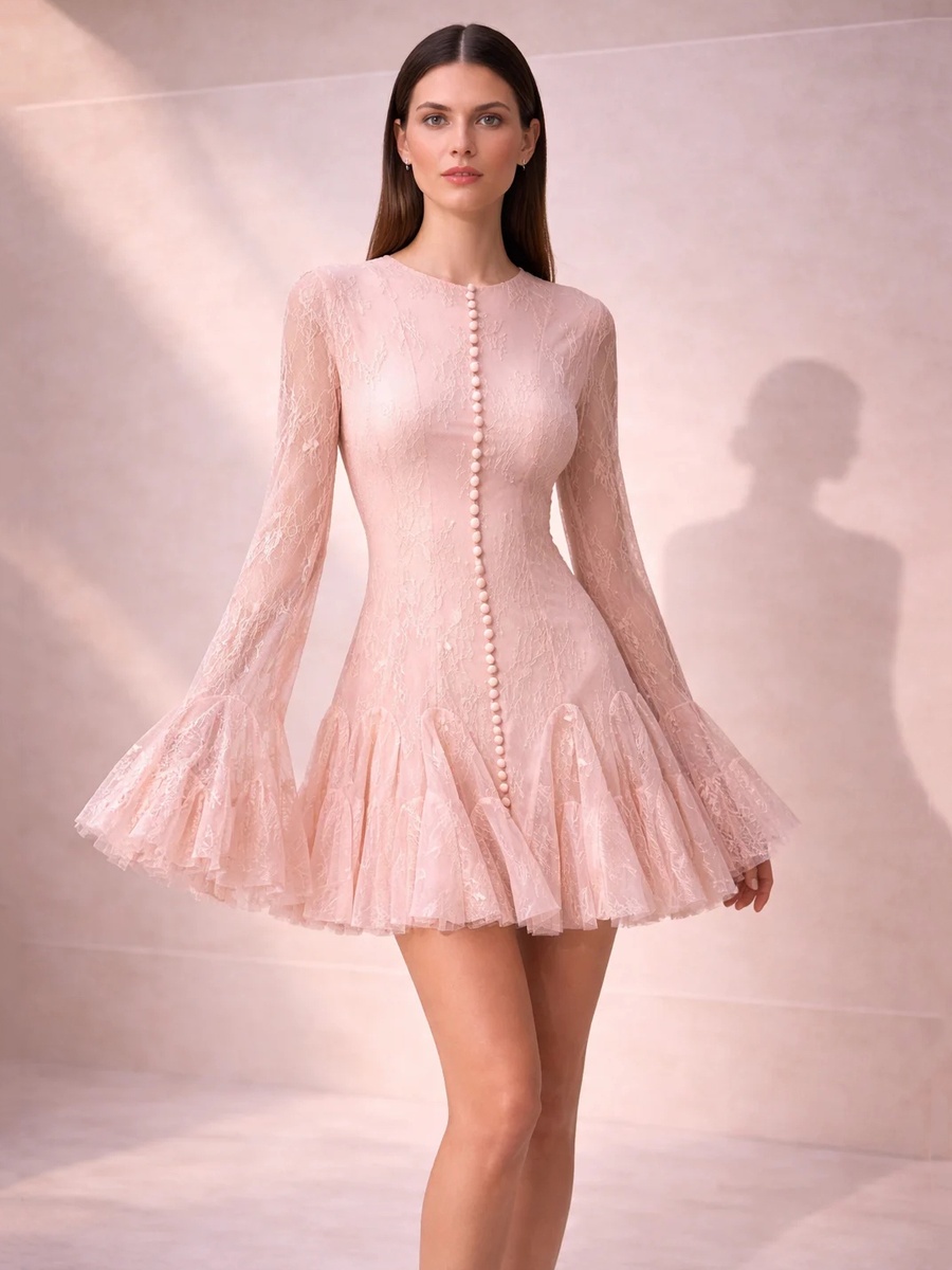 Light Pink Lace Mini Dress with Long Flared Sleeves