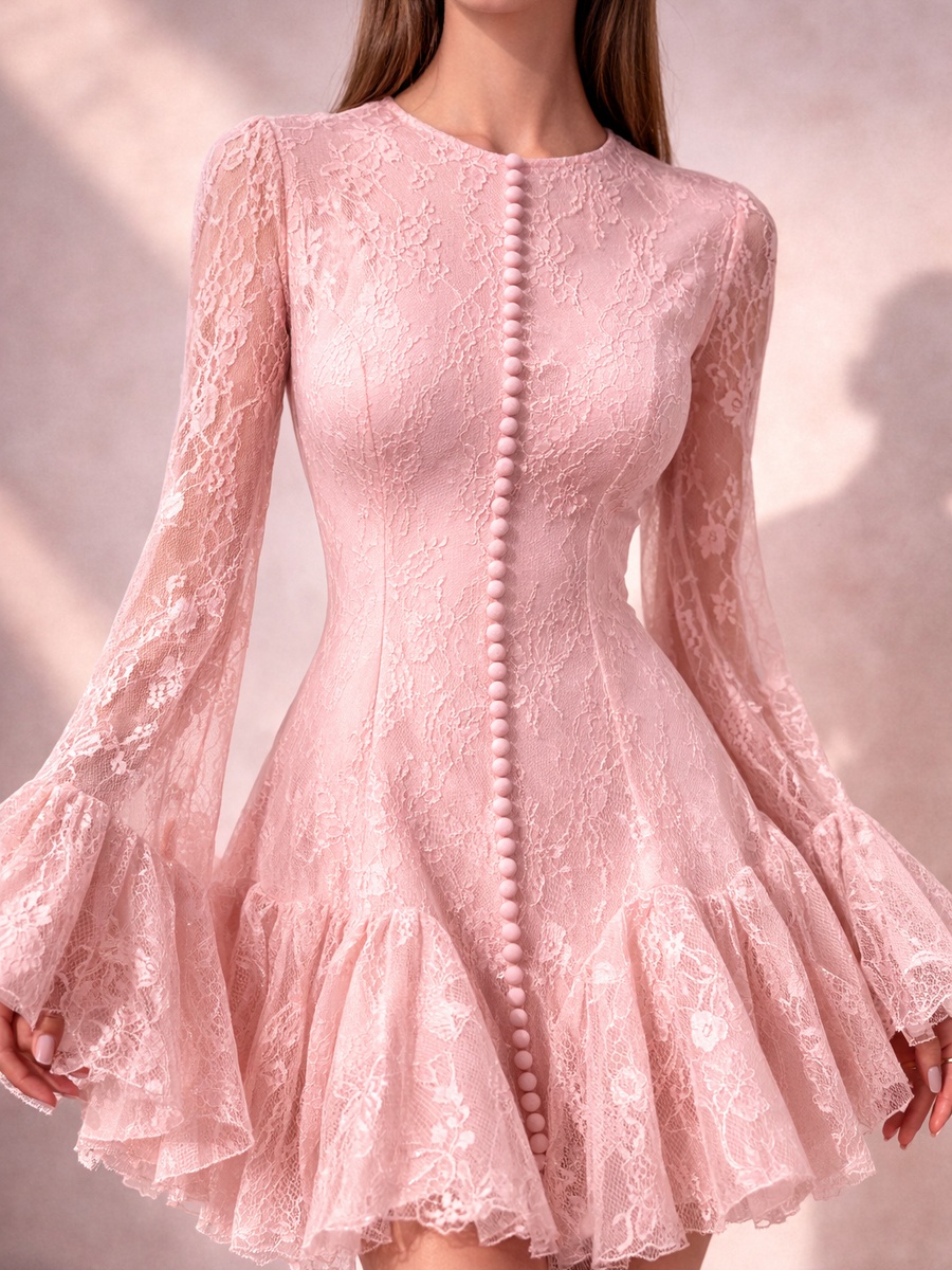 Light Pink Lace Mini Dress with Long Flared Sleeves