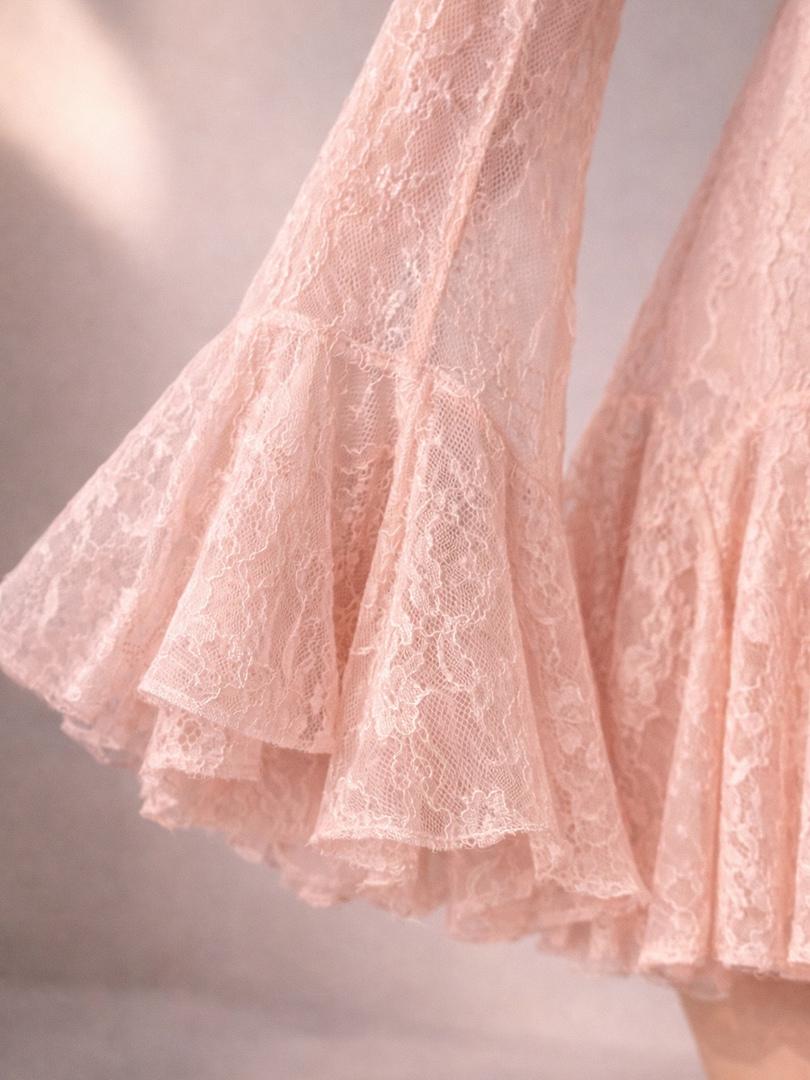 Light Pink Lace Mini Dress with Long Flared Sleeves